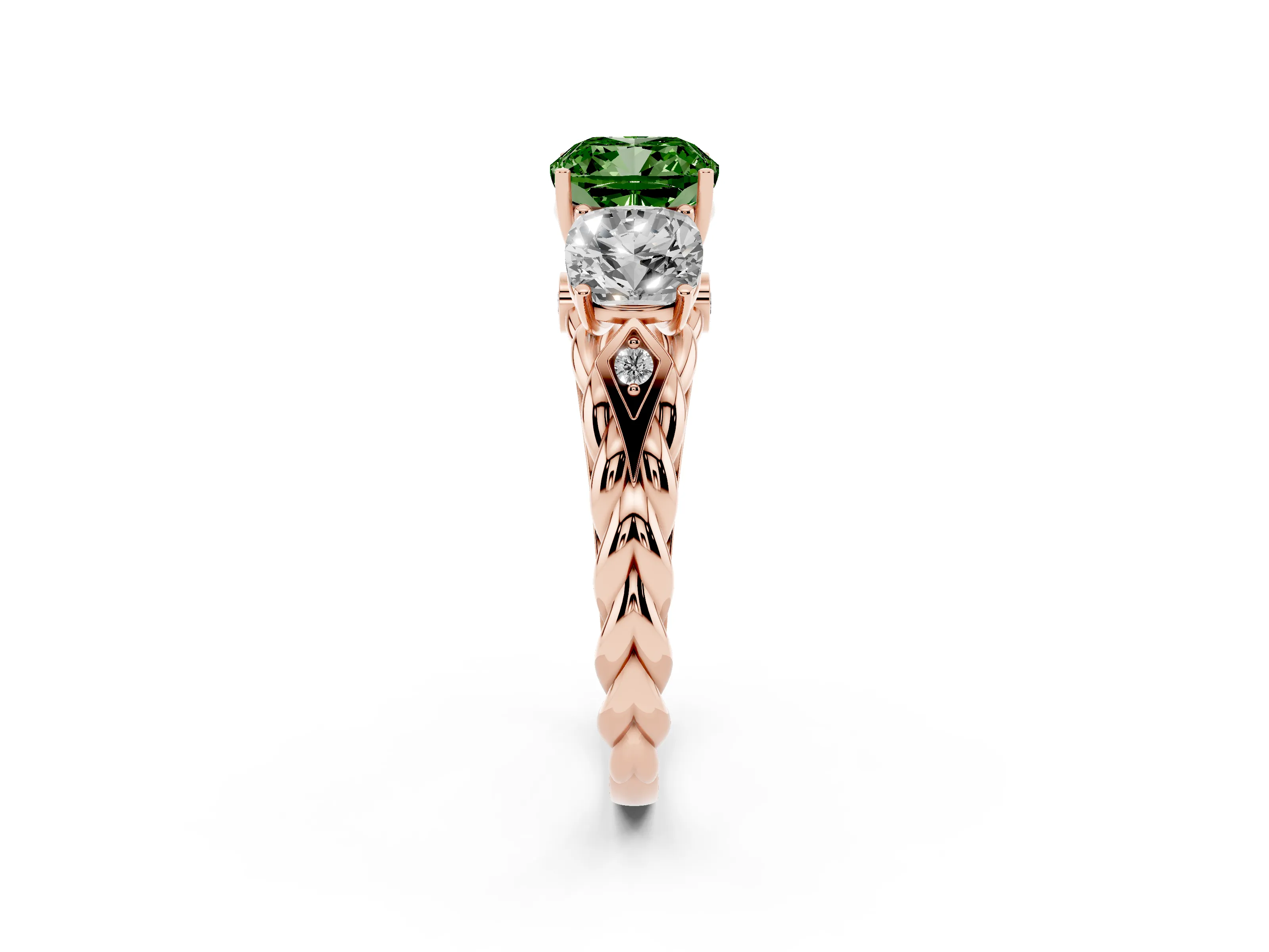Fancy Green Cushion Cut Diamond Three-Stone Ring Set in Rose gold with Braided Band