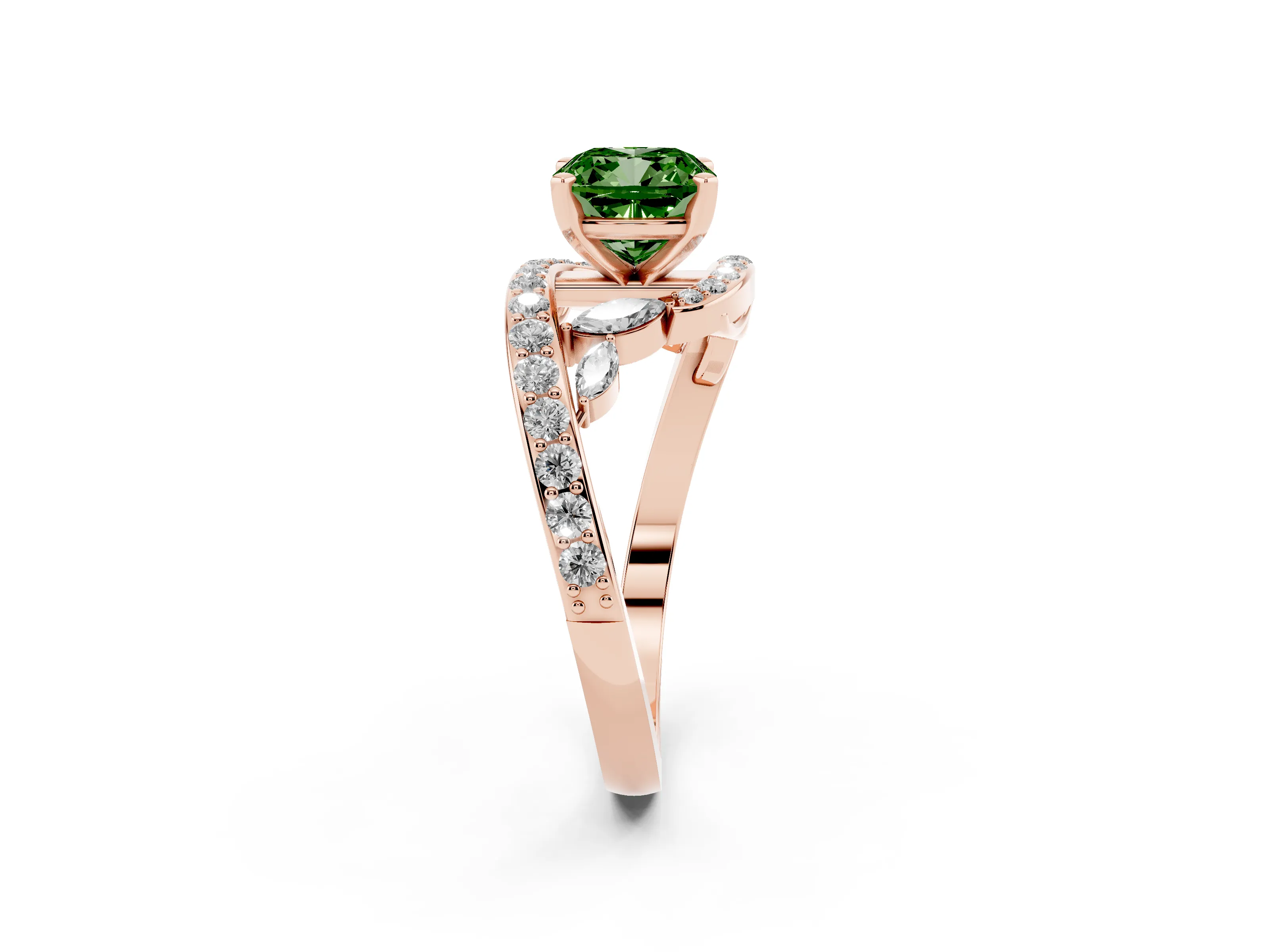 Fancy Green Cushion Cut Diamond Solitaire Ring Set in Rose gold with Filigree Band and Prong Setting