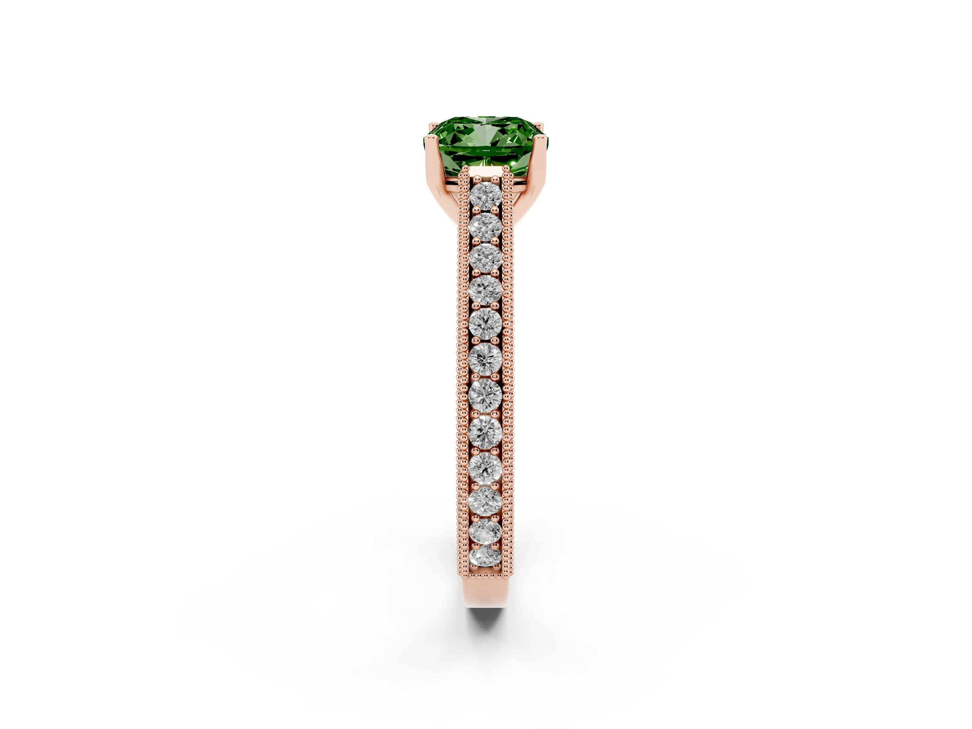 Fancy Green Cushion Cut Diamond Milgrain Pavé Band Solitaire Ring Set in Rose gold with Prong Setting