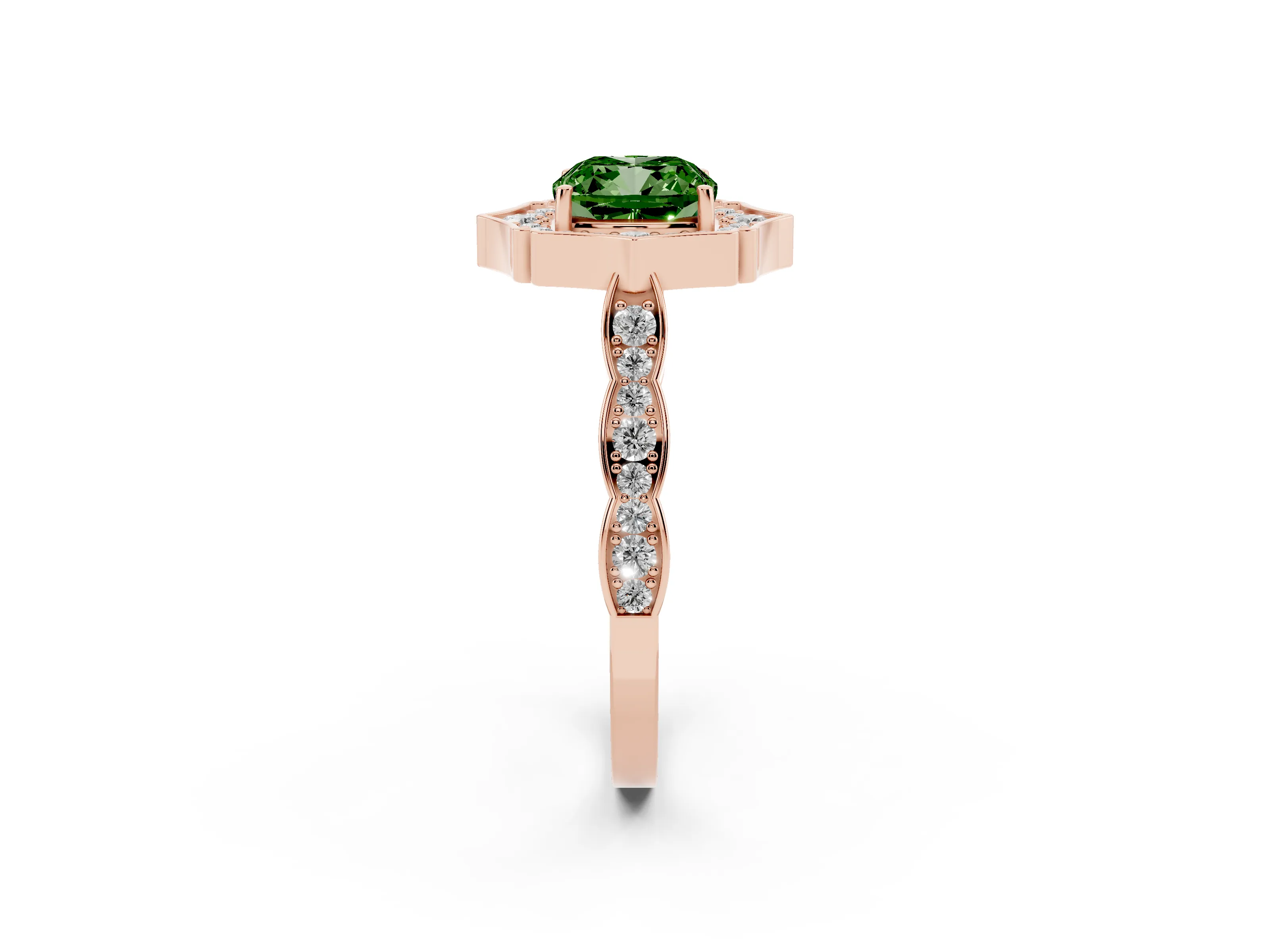 Fancy Green Cushion Cut Diamond Halo Engagement Ring Set in Rose gold with Milgrain Band and Prong Setting