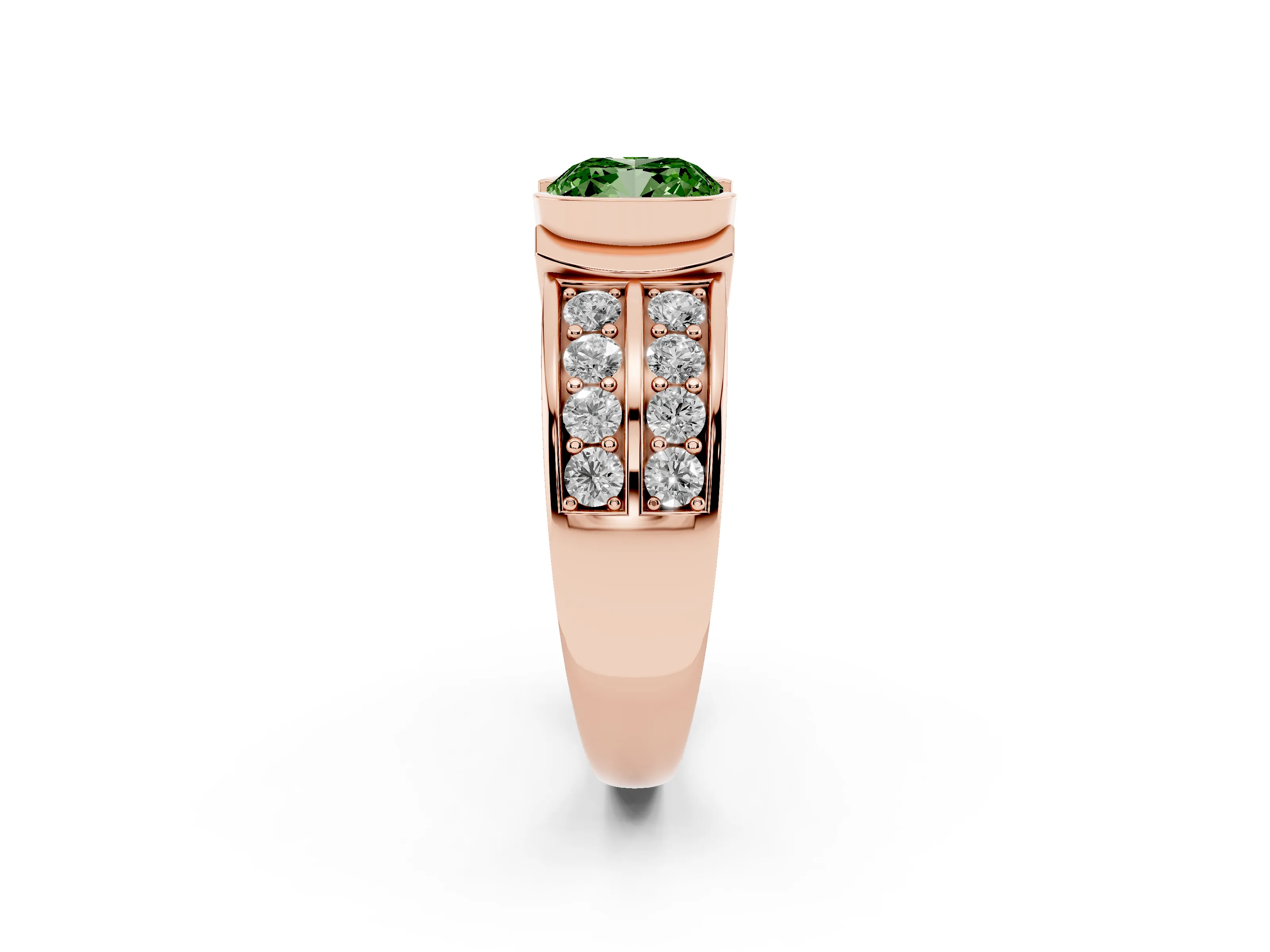 Fancy Green Cushion Cut Diamond Wide Channel Set Band Ring Set in Rose gold with Bezel Setting