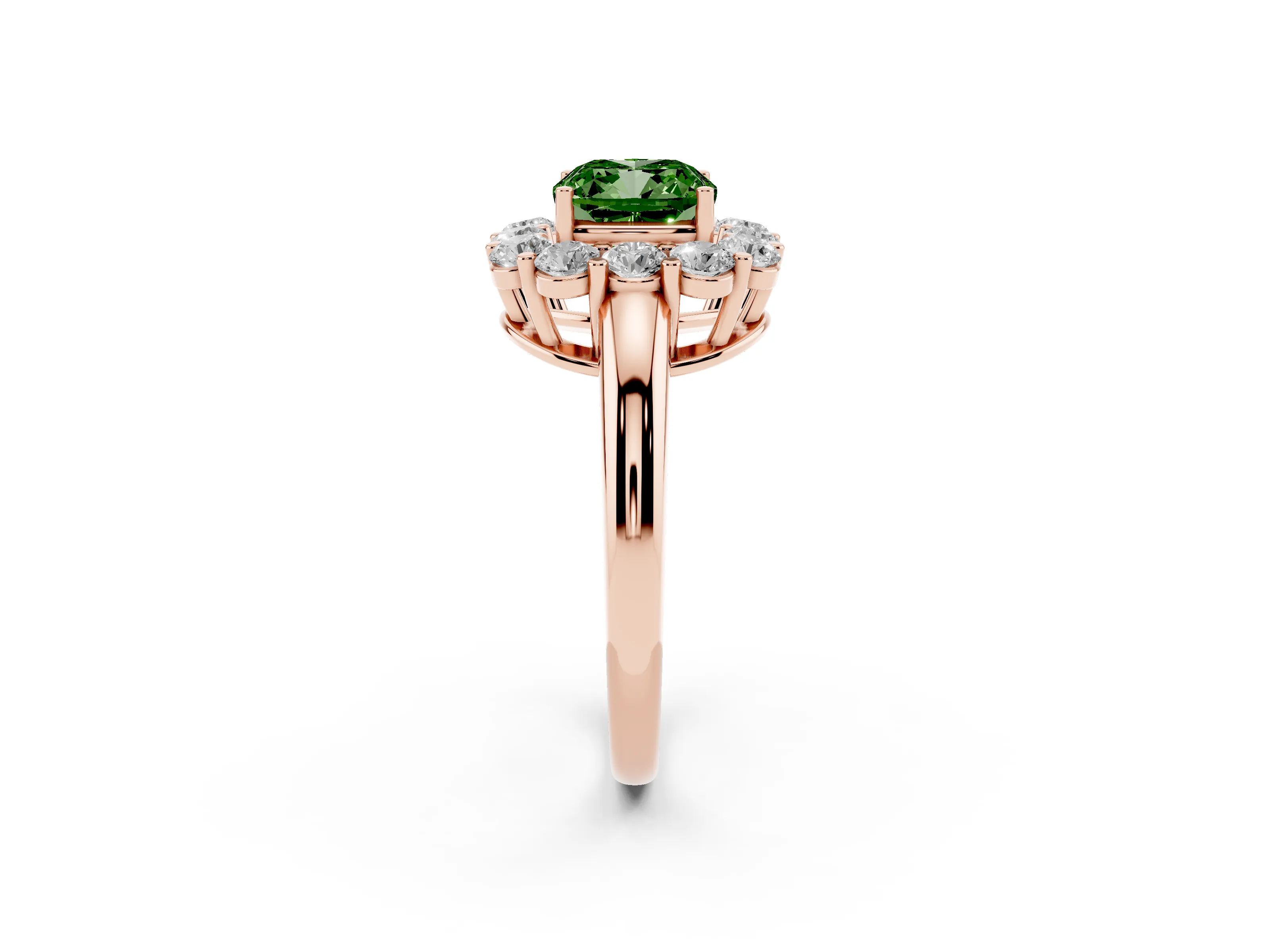 Fancy Green Cushion Cut Diamond Halo Cluster Engagement Ring Set in Rose gold with Polished Band and Prong Setting