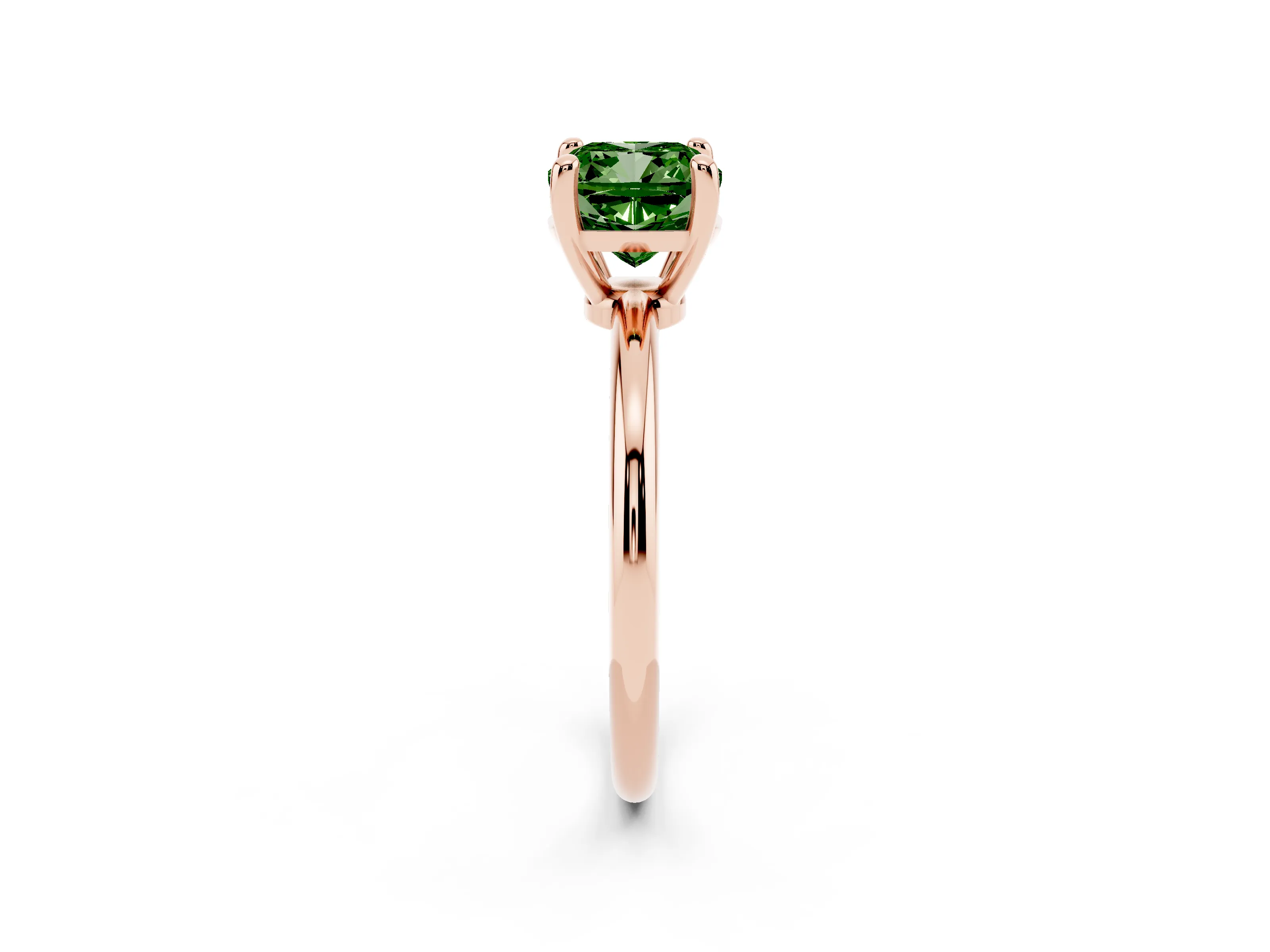 Fancy Green Cushion Cut Diamond Solitaire Ring Set in Rose gold with Secure Prong Setting on a Classic Band