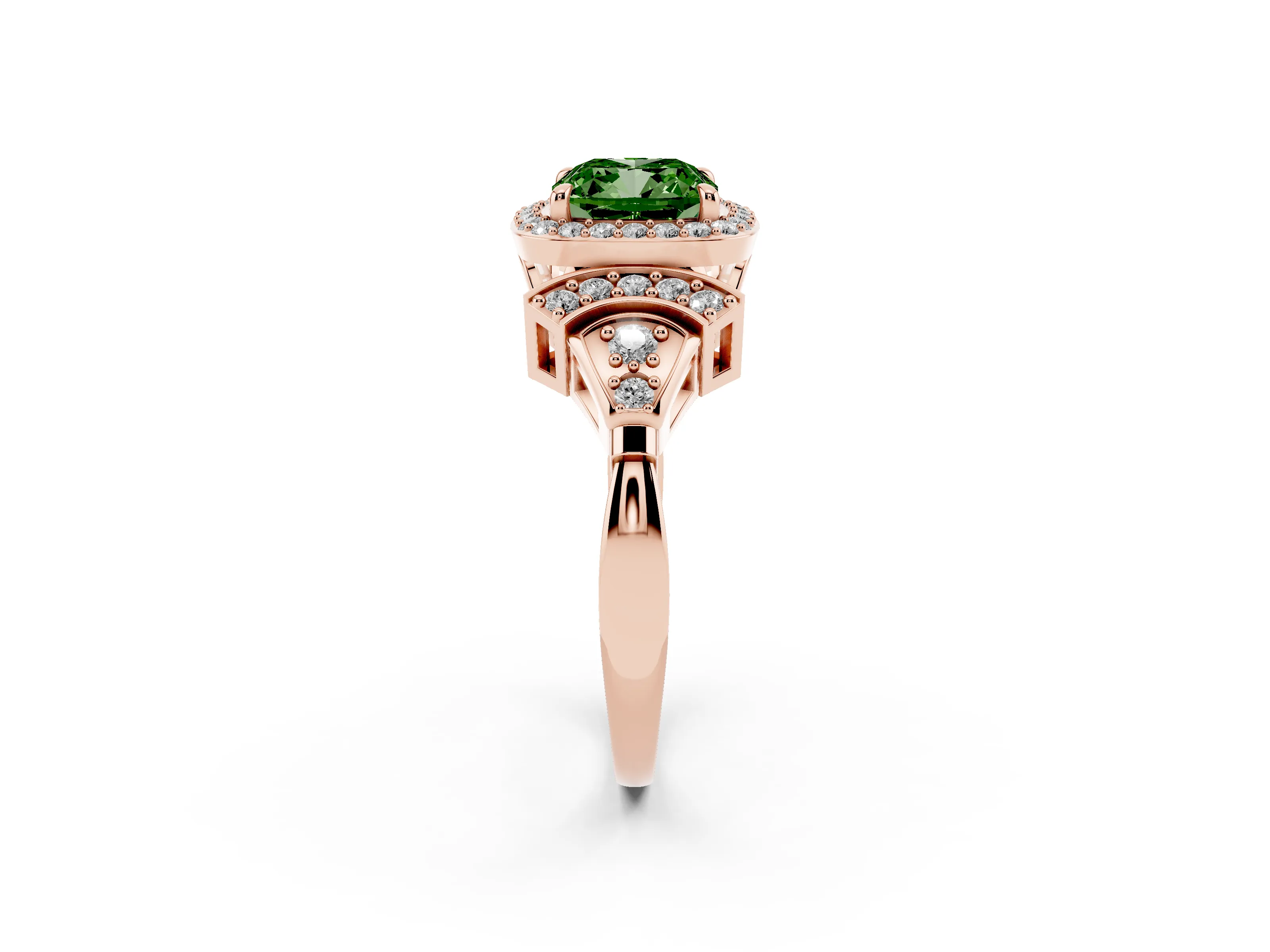 Fancy Green Cushion Cut Diamond Halo Engagement Ring Set in Rose gold with Accent Stone Split Shank