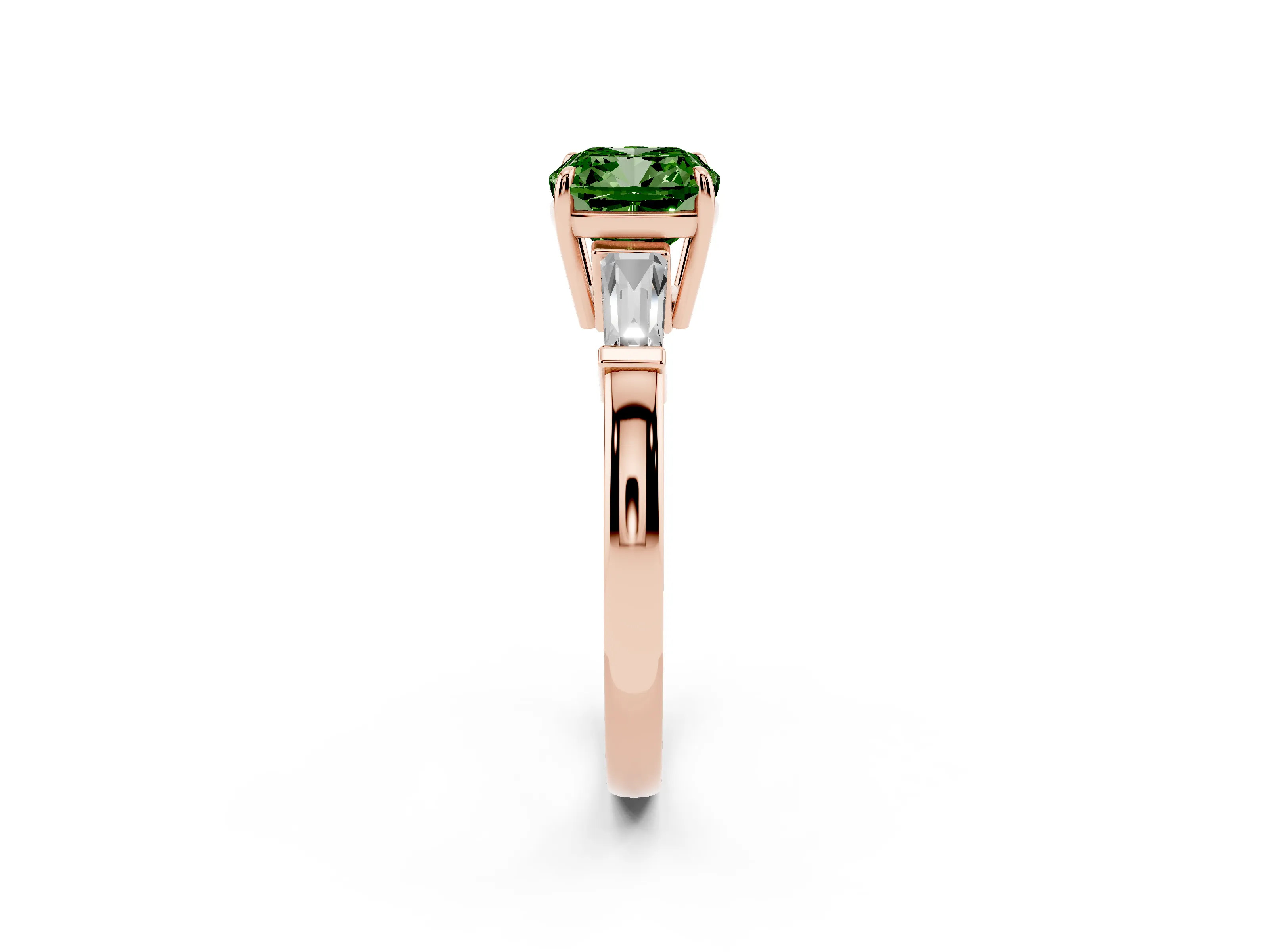 Fancy Green Cushion Cut Diamond Three-Stone Ring Set in Rose gold with Tapered Baguette Side Stones and Prong Setting