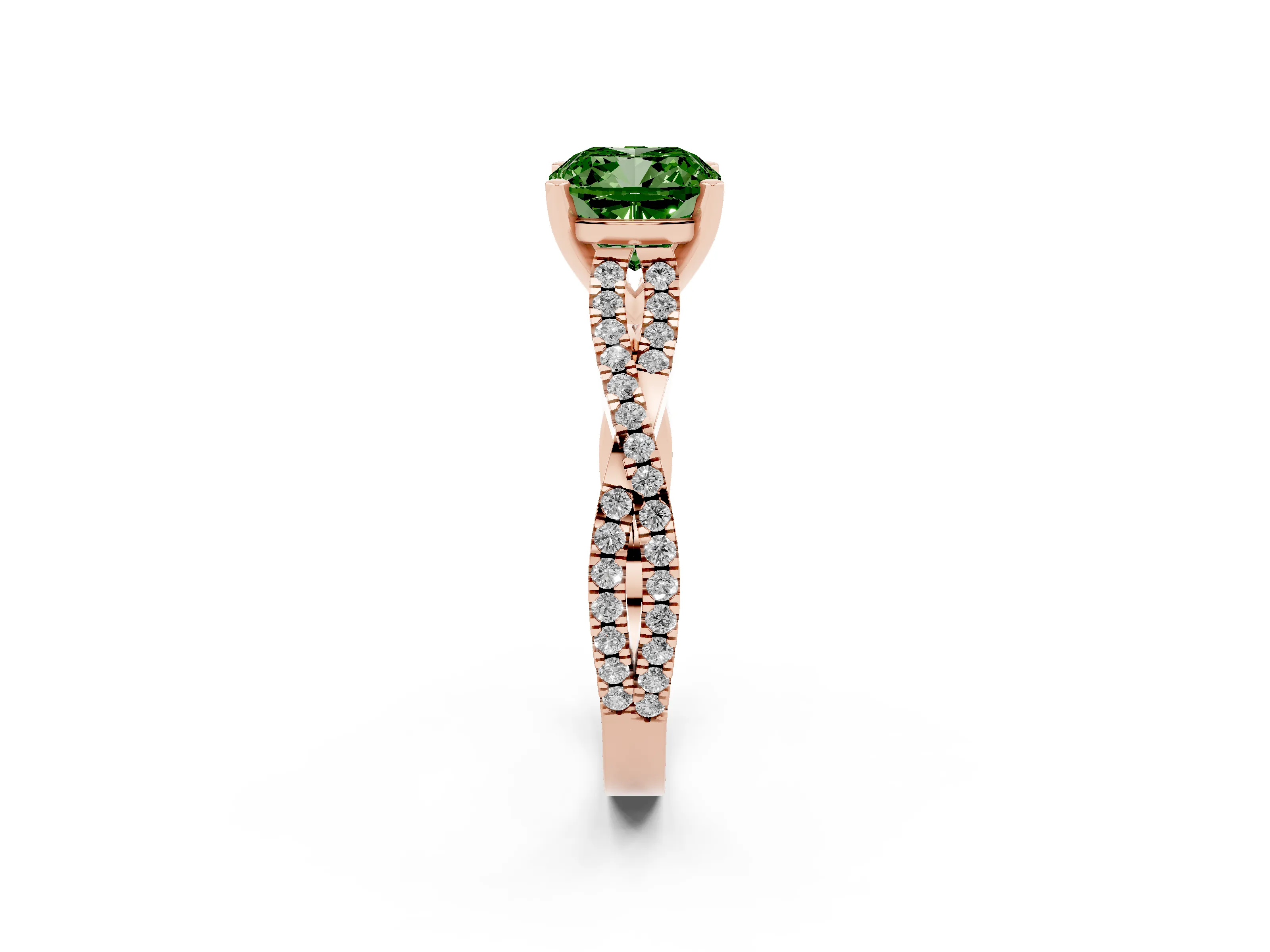 Fancy Green Cushion Cut Diamond Solitaire Engagement Ring Set in Rose gold with Twisted Pavé Band and Prong Setting