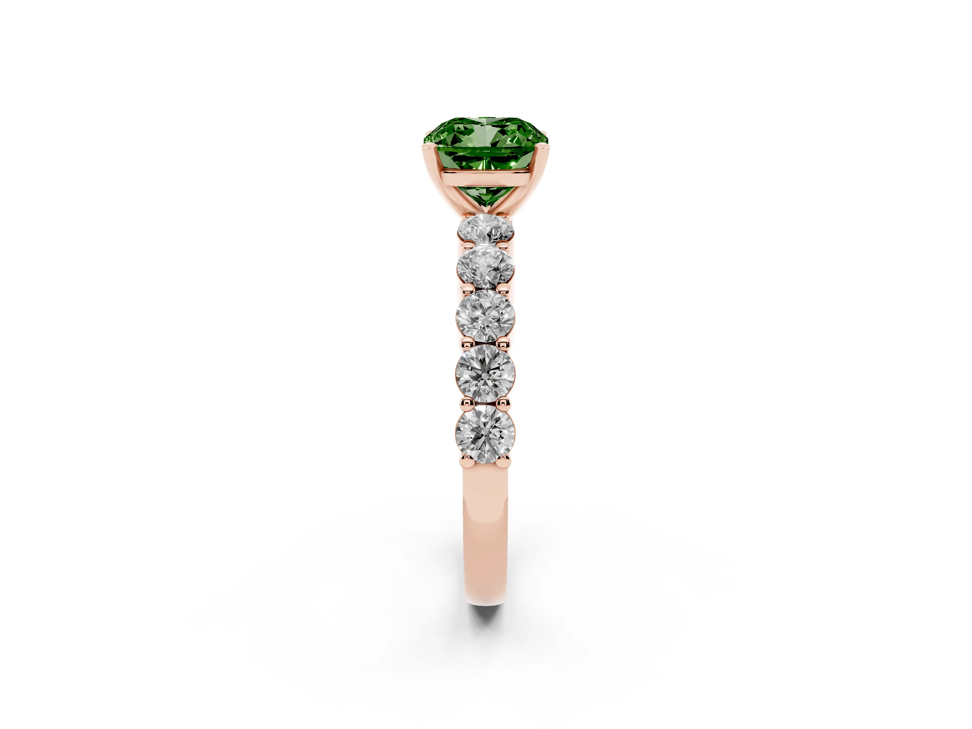 Fancy Green Cushion Cut Diamond Solitaire Ring Set in Rose gold with Shared Prong Round Side Stones