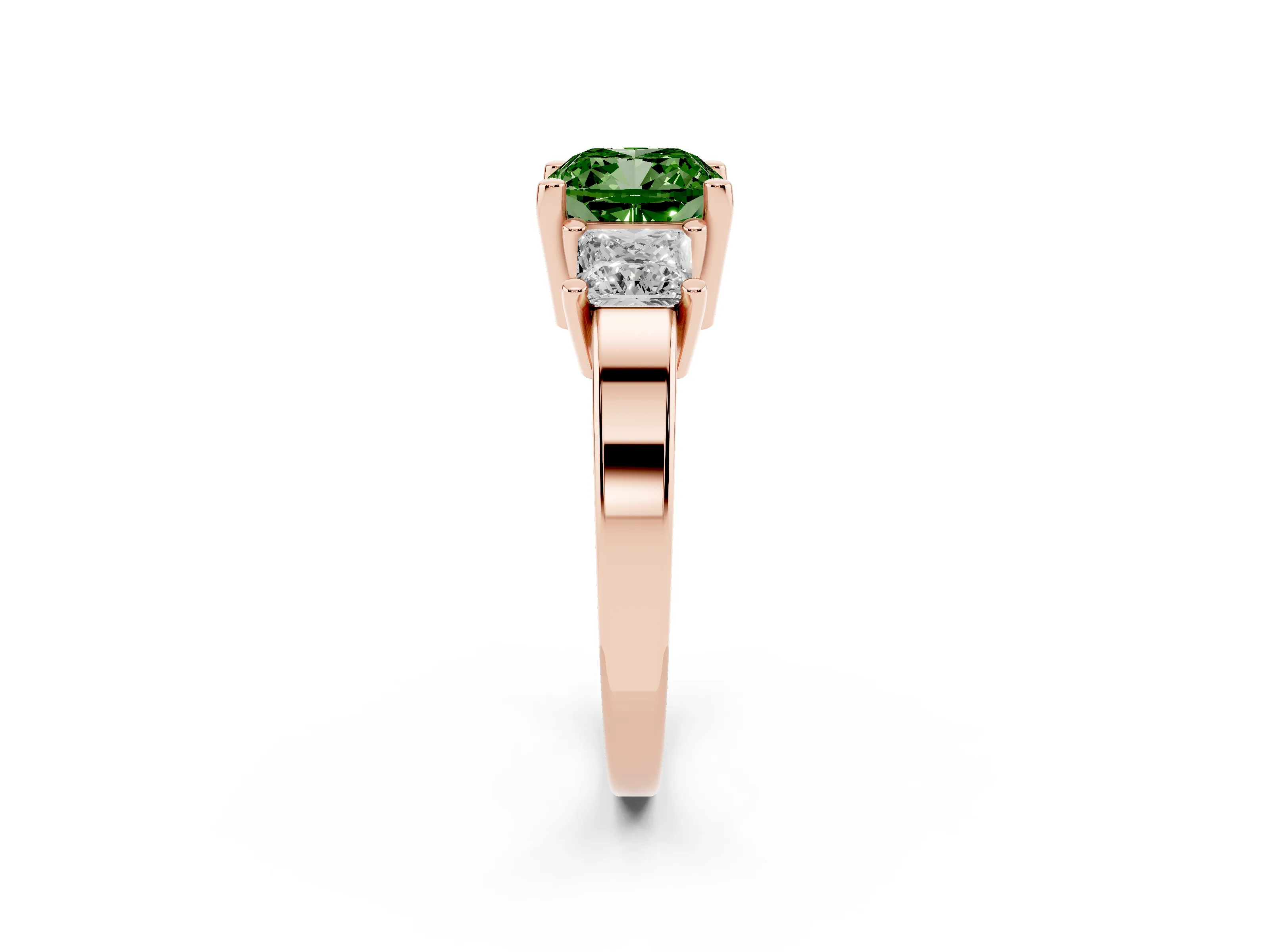 Fancy Green Three-Stone Cushion Cut Diamond Solitaire Ring Set in Rose gold with Prong Setting