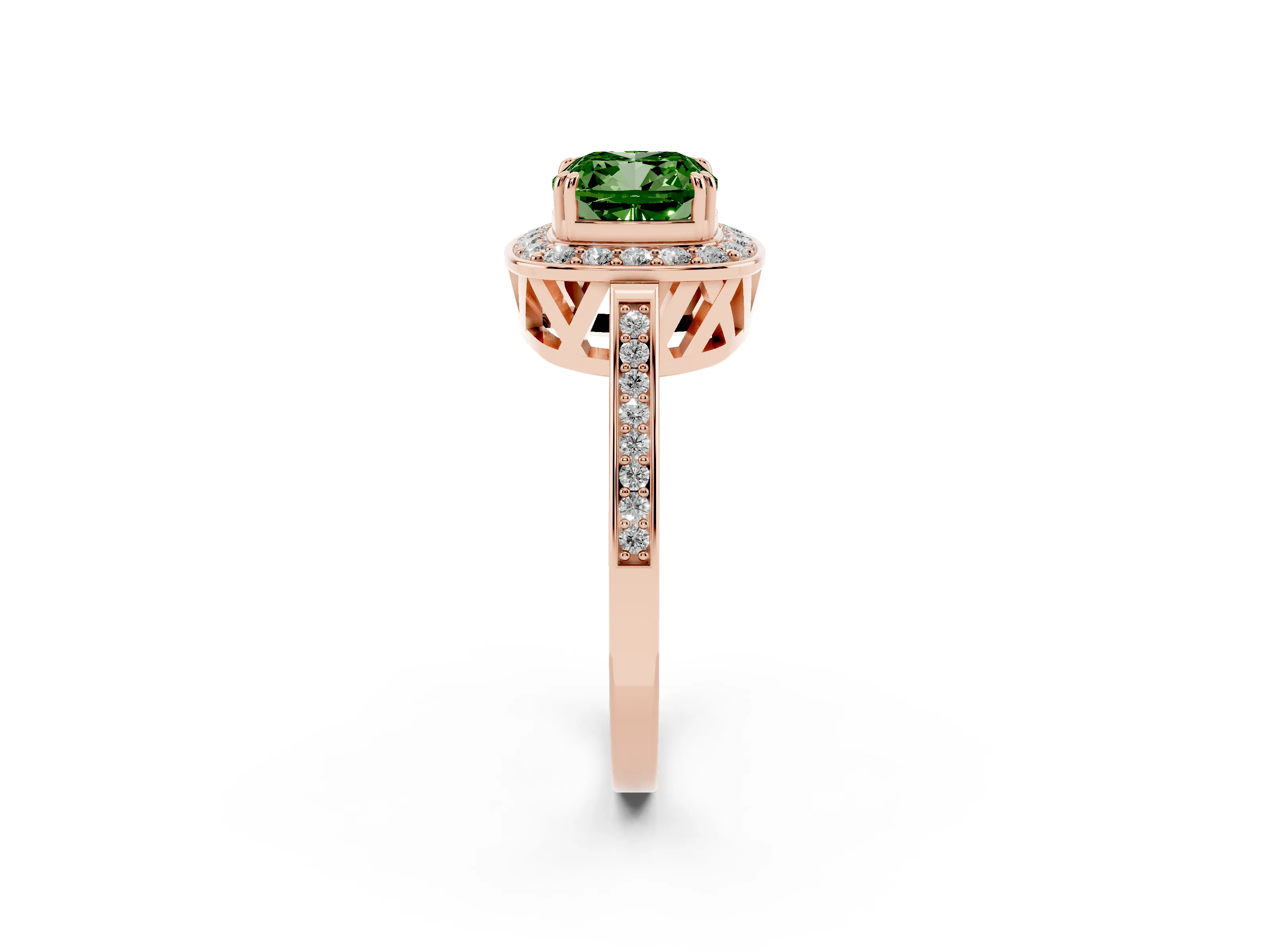 Fancy Green Cushion Cut Diamond Halo Ring Set in Rose gold with Accent-Lined Split Shank and Prong Setting
