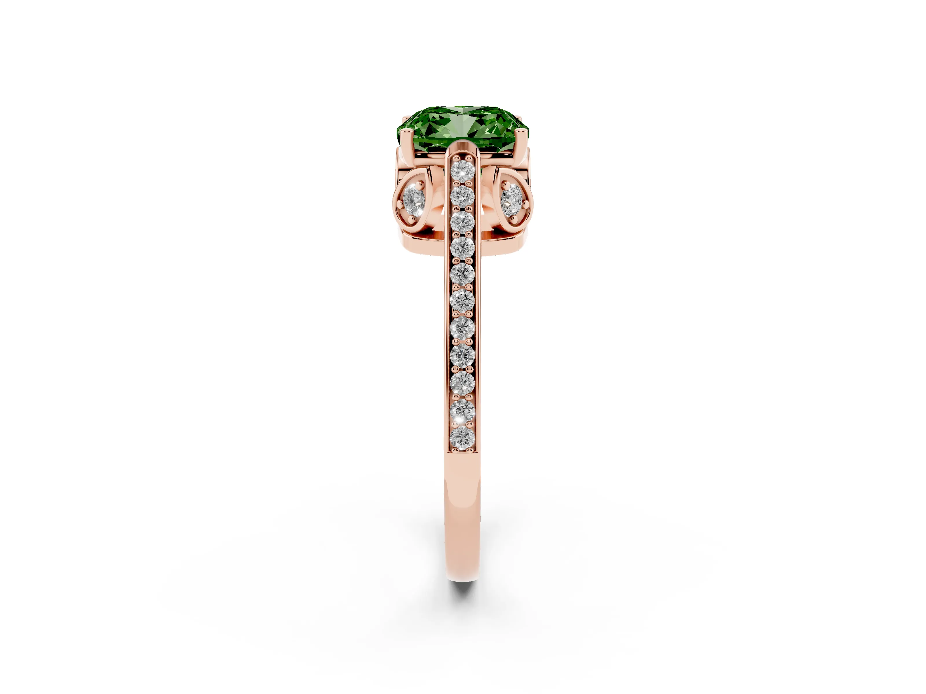 Fancy Green Cushion Cut Diamond Cathedral Pavé Engagement Ring Set in Rose gold with Prong Setting