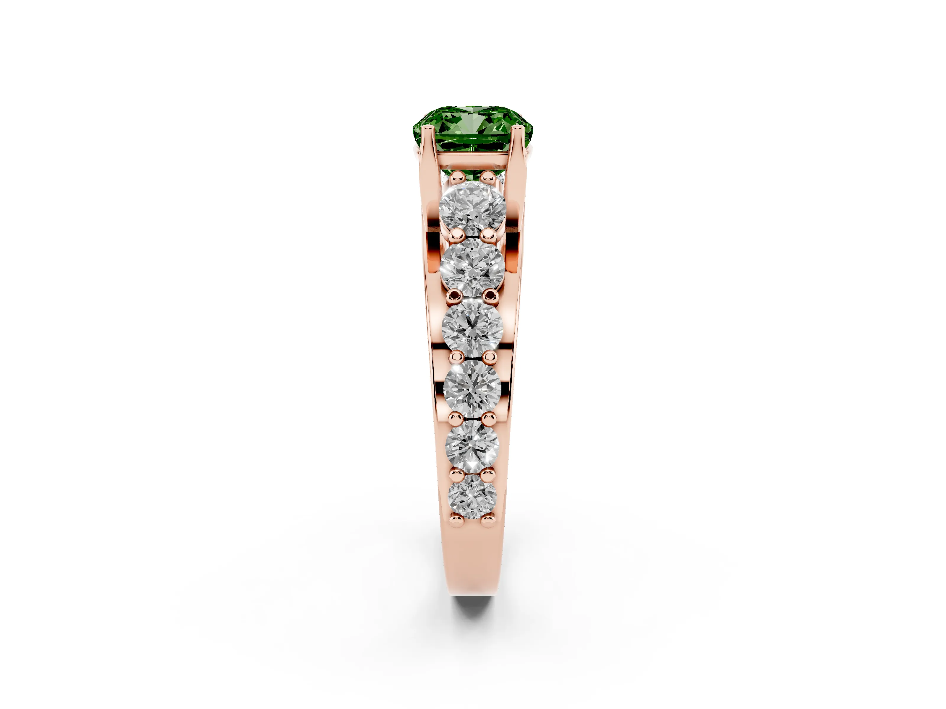 Fancy Green Cushion Cut Diamond Pavé Engagement Ring Set in Rose gold with Prong Setting