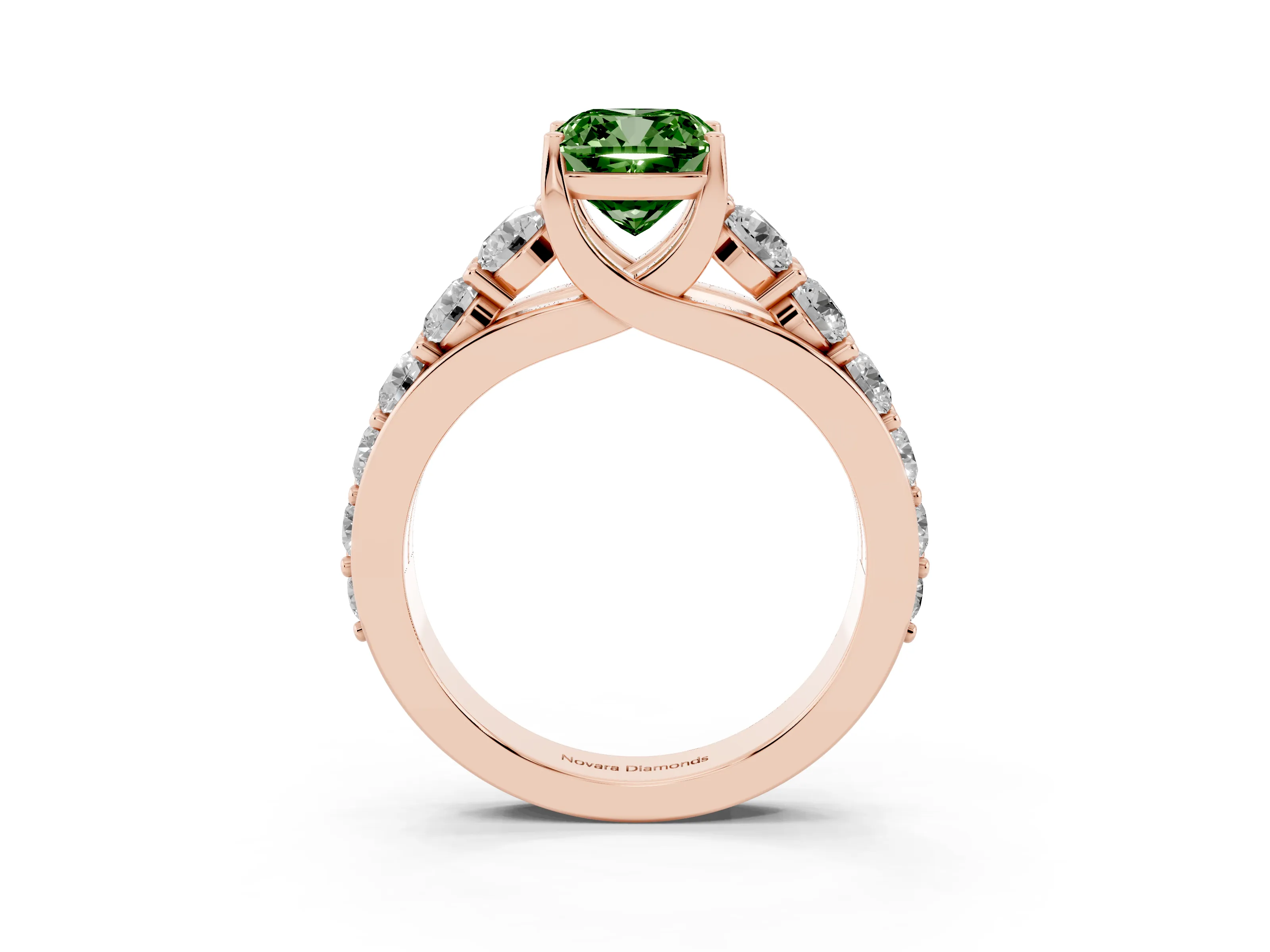 Fancy Green Cushion Cut Diamond Pavé Engagement Ring Set in Rose gold with Prong Setting