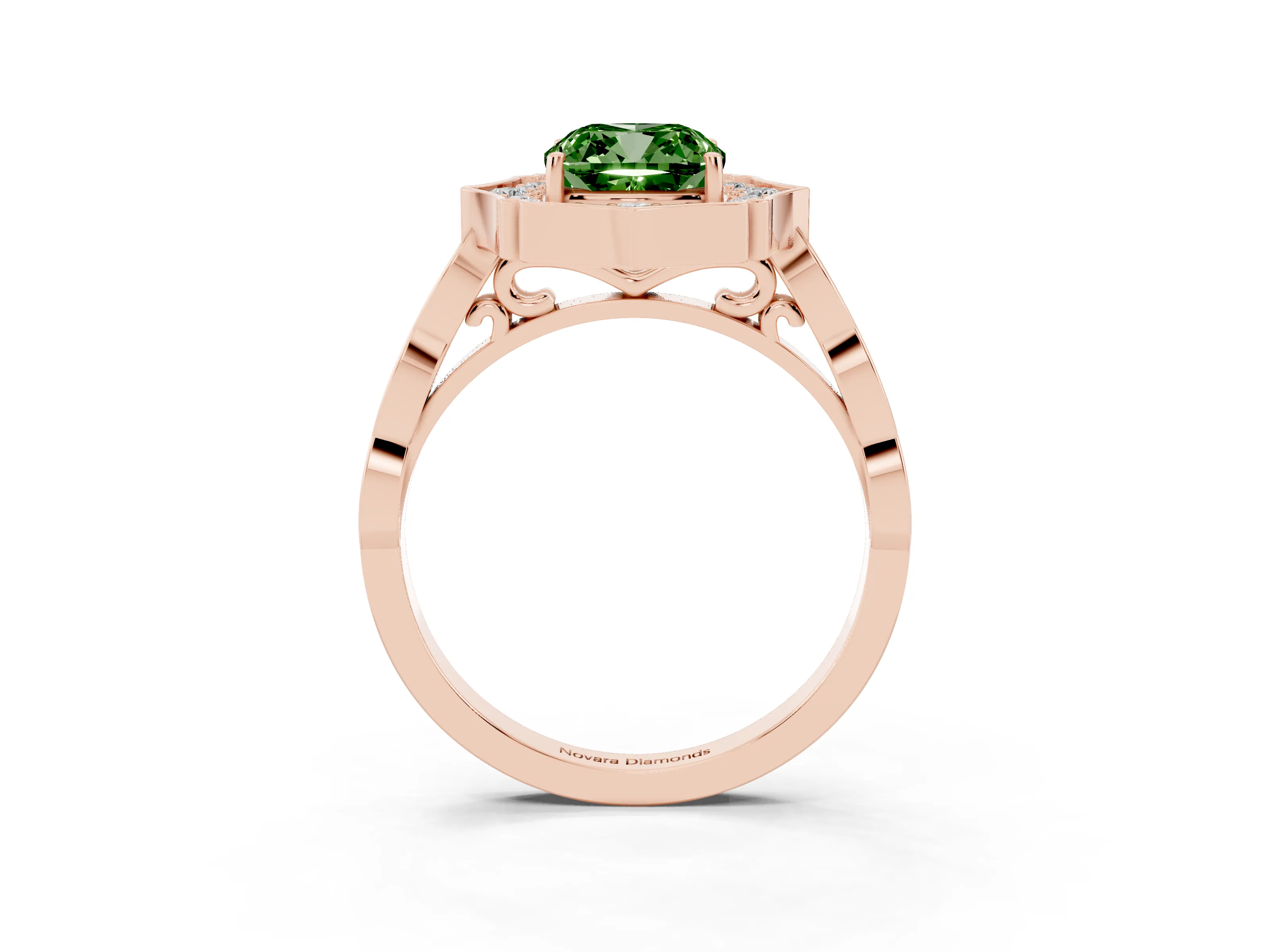 Fancy Green Cushion Cut Diamond Halo Engagement Ring Set in Rose gold with Milgrain Band and Prong Setting