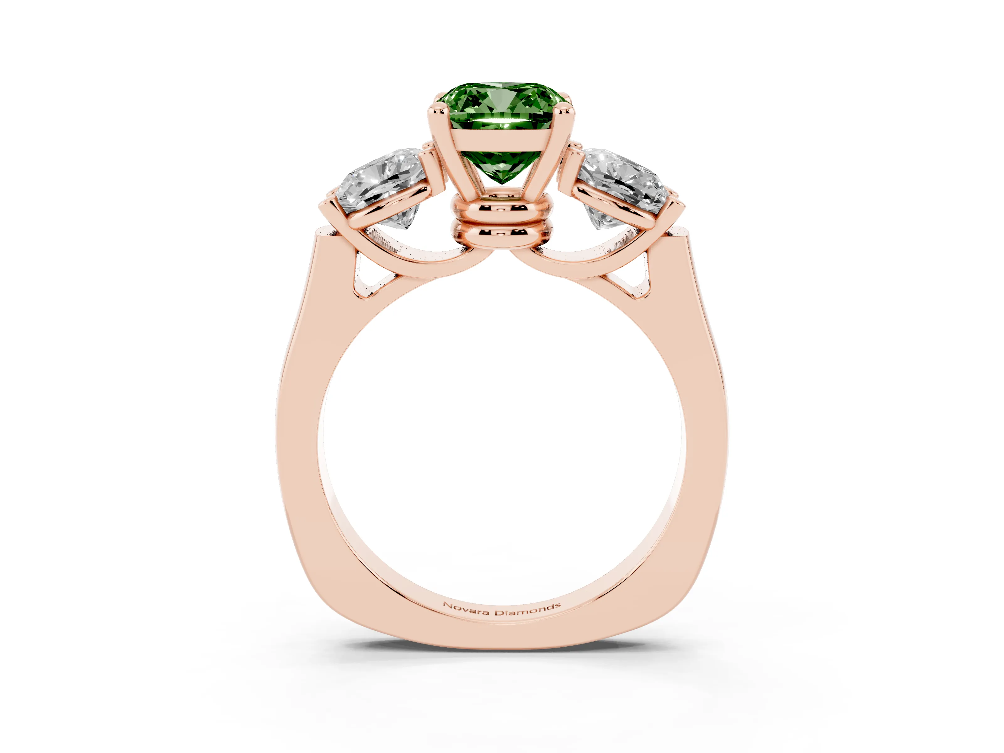Fancy Green Cushion Cut Diamond Three-Stone Trellis Ring Set in Rose gold with Comfort Fit Band