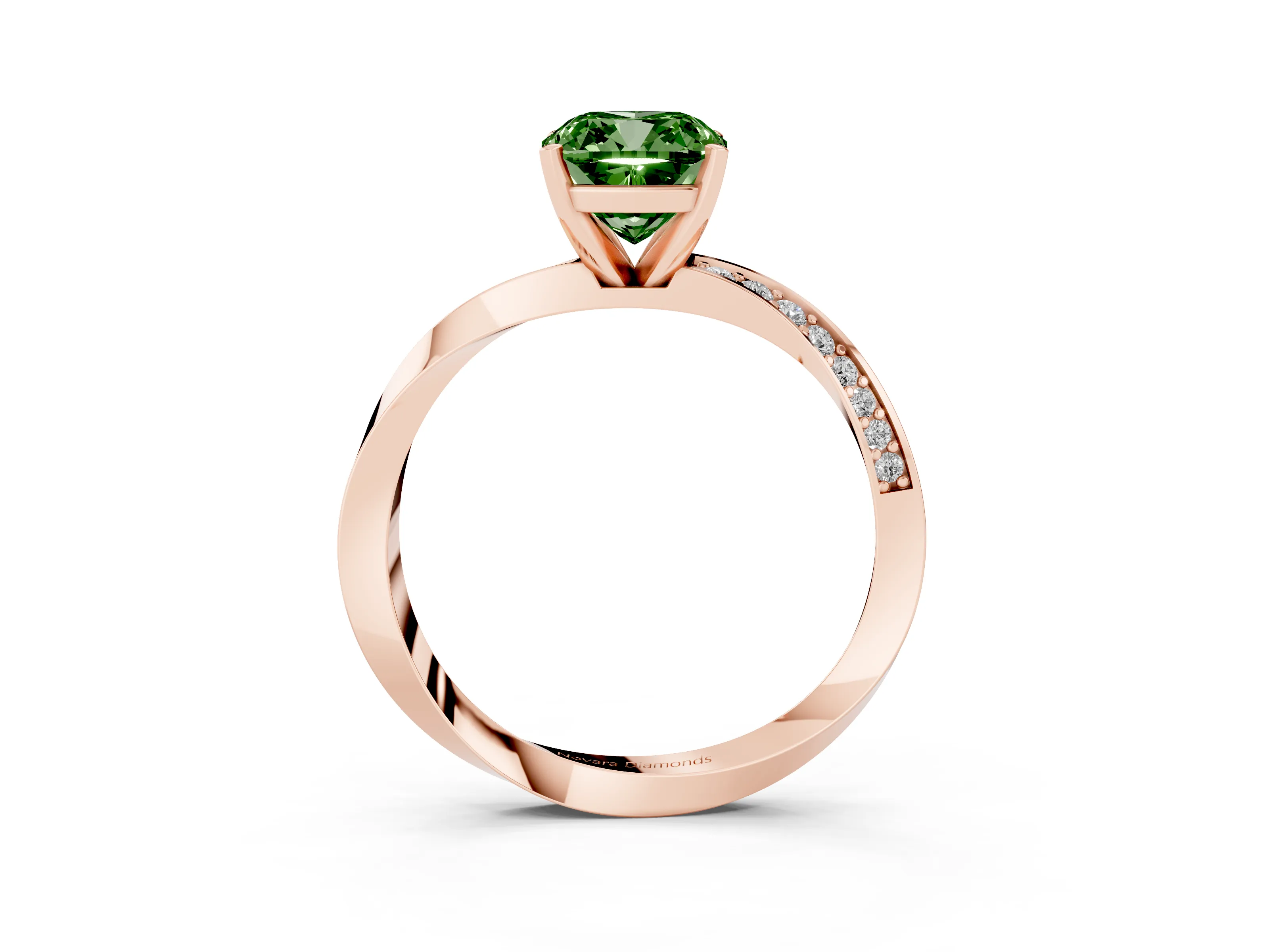 Fancy Green Cushion Cut Diamond Engagement Ring Set in Rose gold with Side Stone Accents and Prong Setting