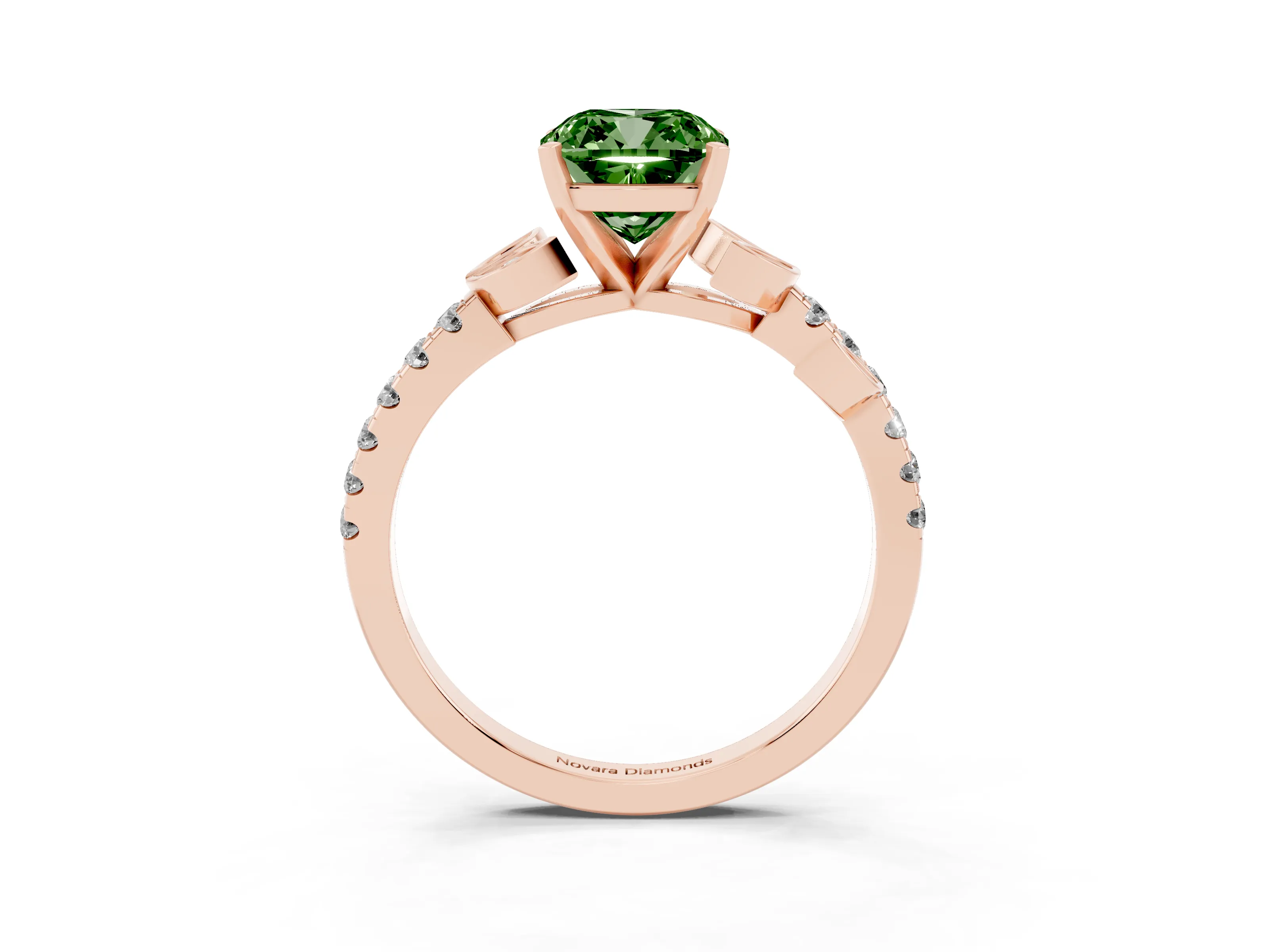 Fancy Green Cushion Cut Diamond Solitaire Leaf-Inspired Ring Set in Rose gold with Pavé Band and Prong Setting