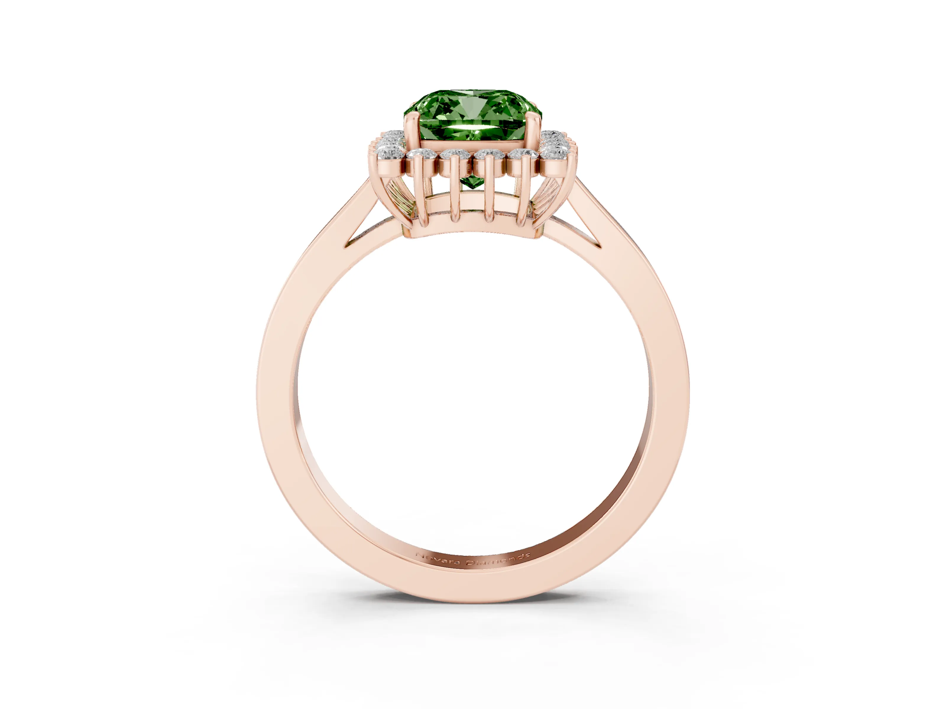 Fancy Green Cushion Cut Diamond Halo Ring Set in Rose gold with Round Halo and Smooth Solitaire Band