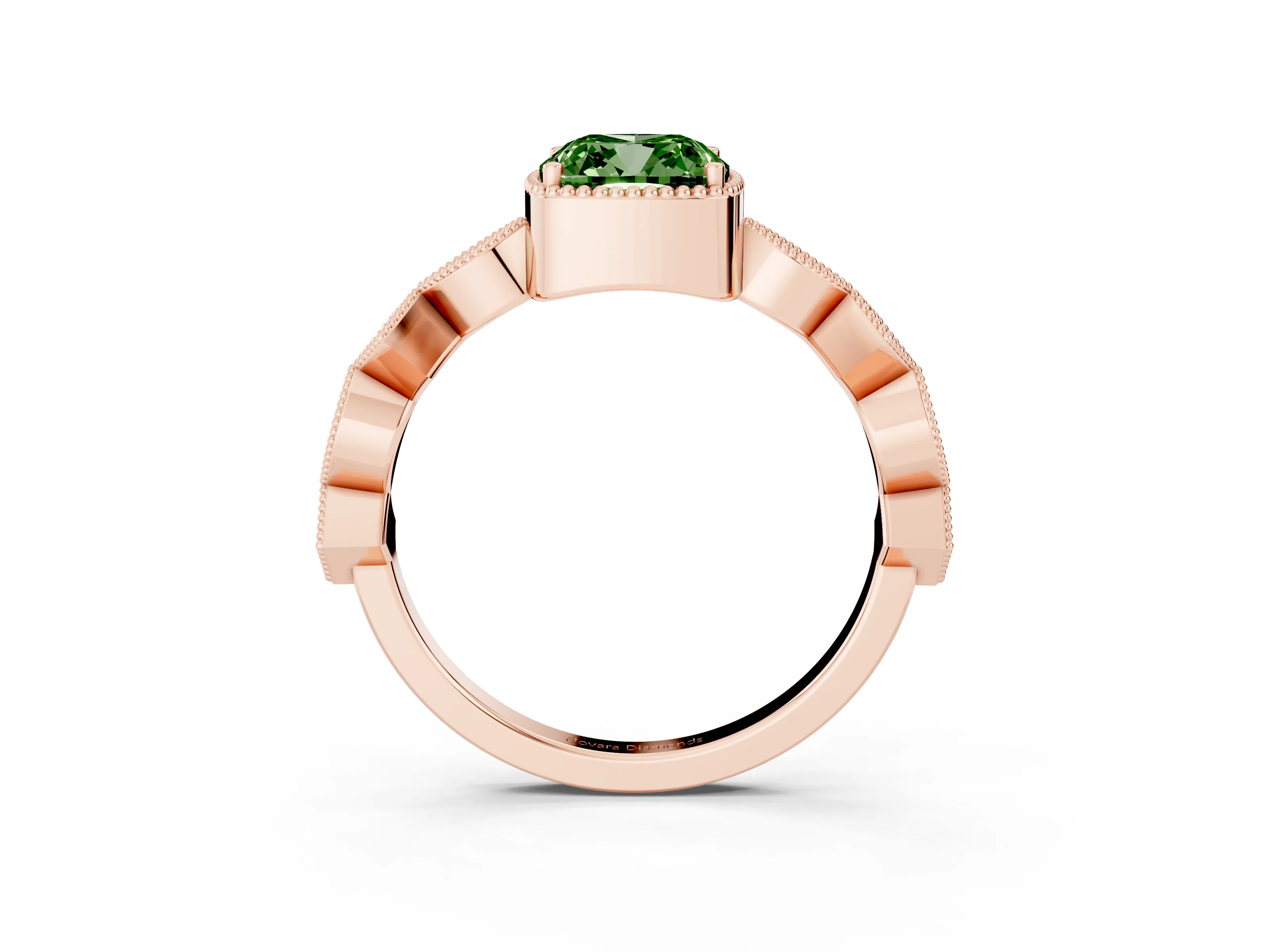 Fancy Green Cushion Cut Diamond Milgrain Marquise Twist Band Ring Set in Rose gold with Prong Setting