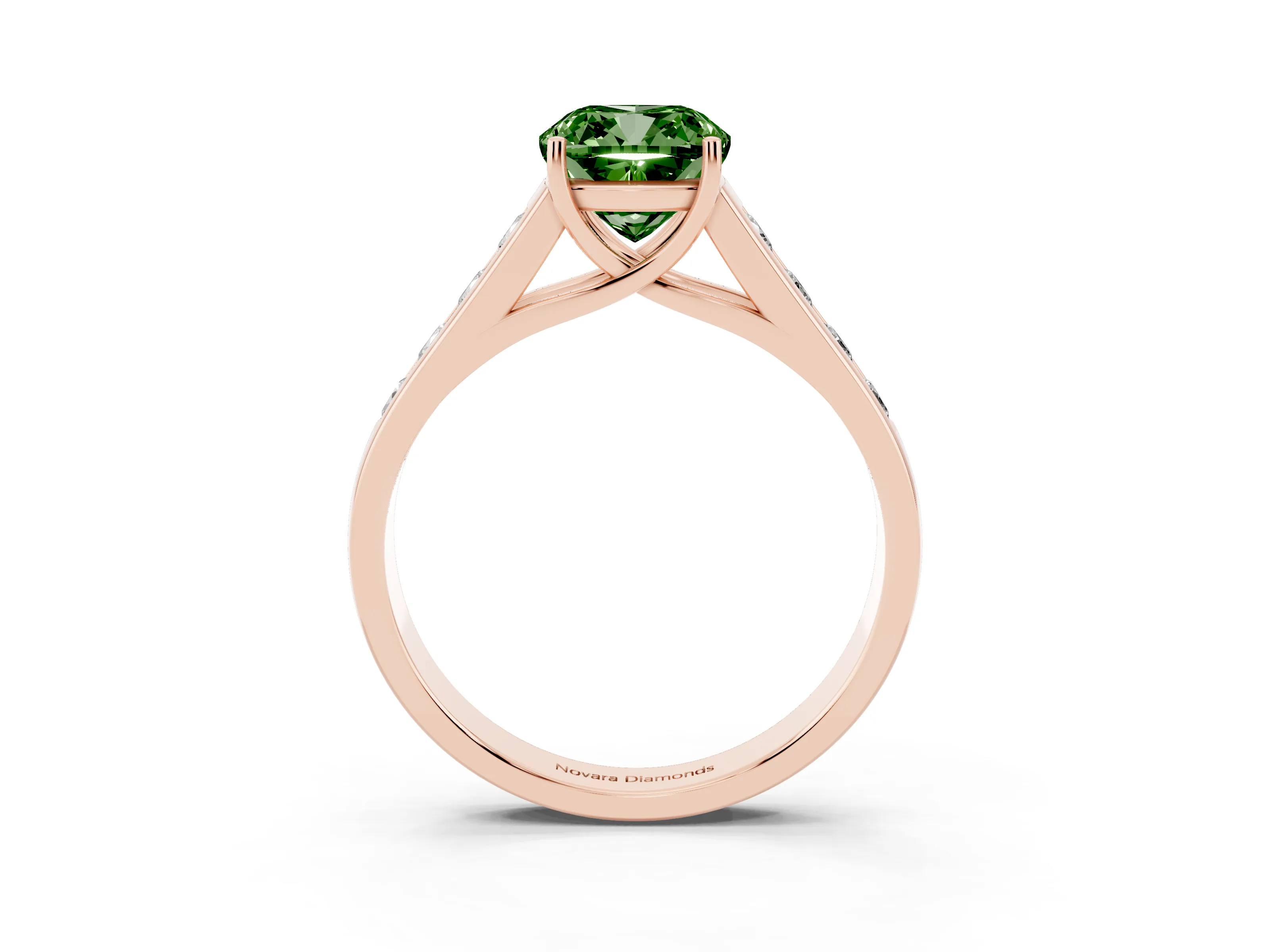 Fancy Green Cushion Cut Diamond Brilliant Channel-Set Solitaire Ring Set in Rose gold with Prong Setting