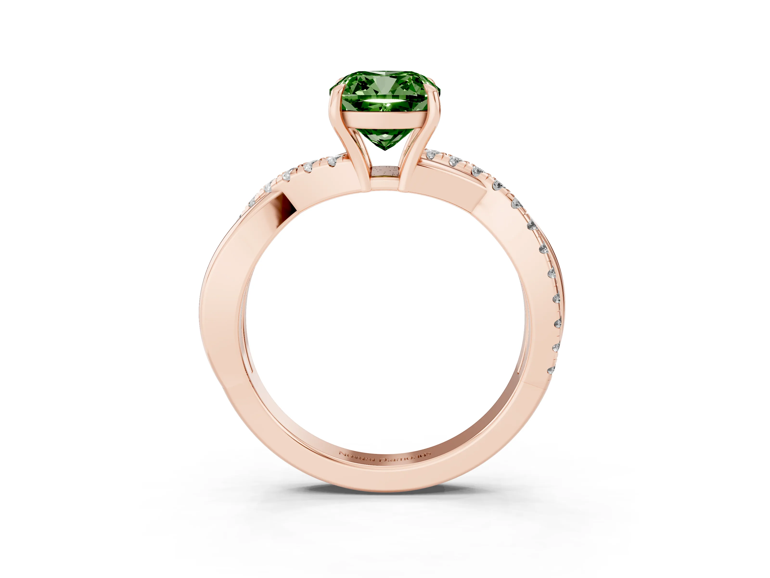 Fancy Green Cushion Cut Diamond Twisted Pavé Band Ring Set in Rose gold with Prong Setting