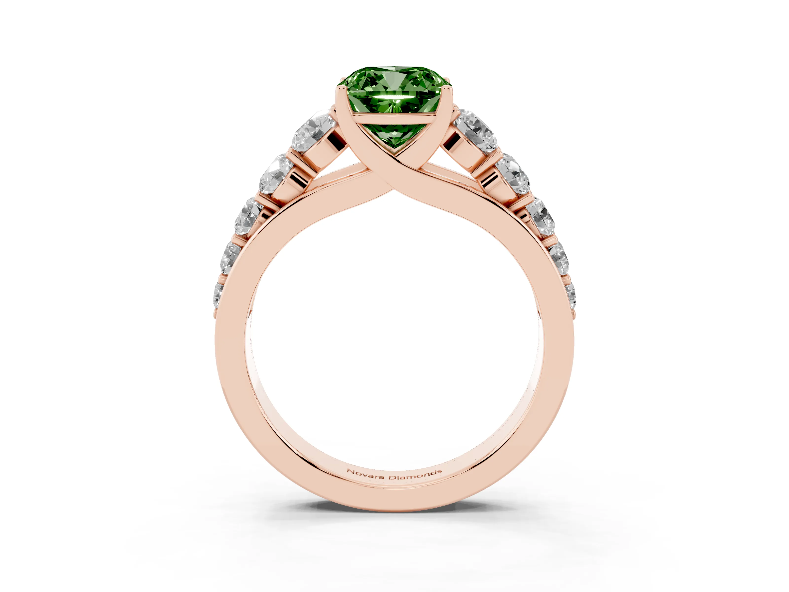 Fancy Green Cushion Cut Diamond Solitaire Ring Set in Rose gold with Pavé-Set Band and Prong Setting