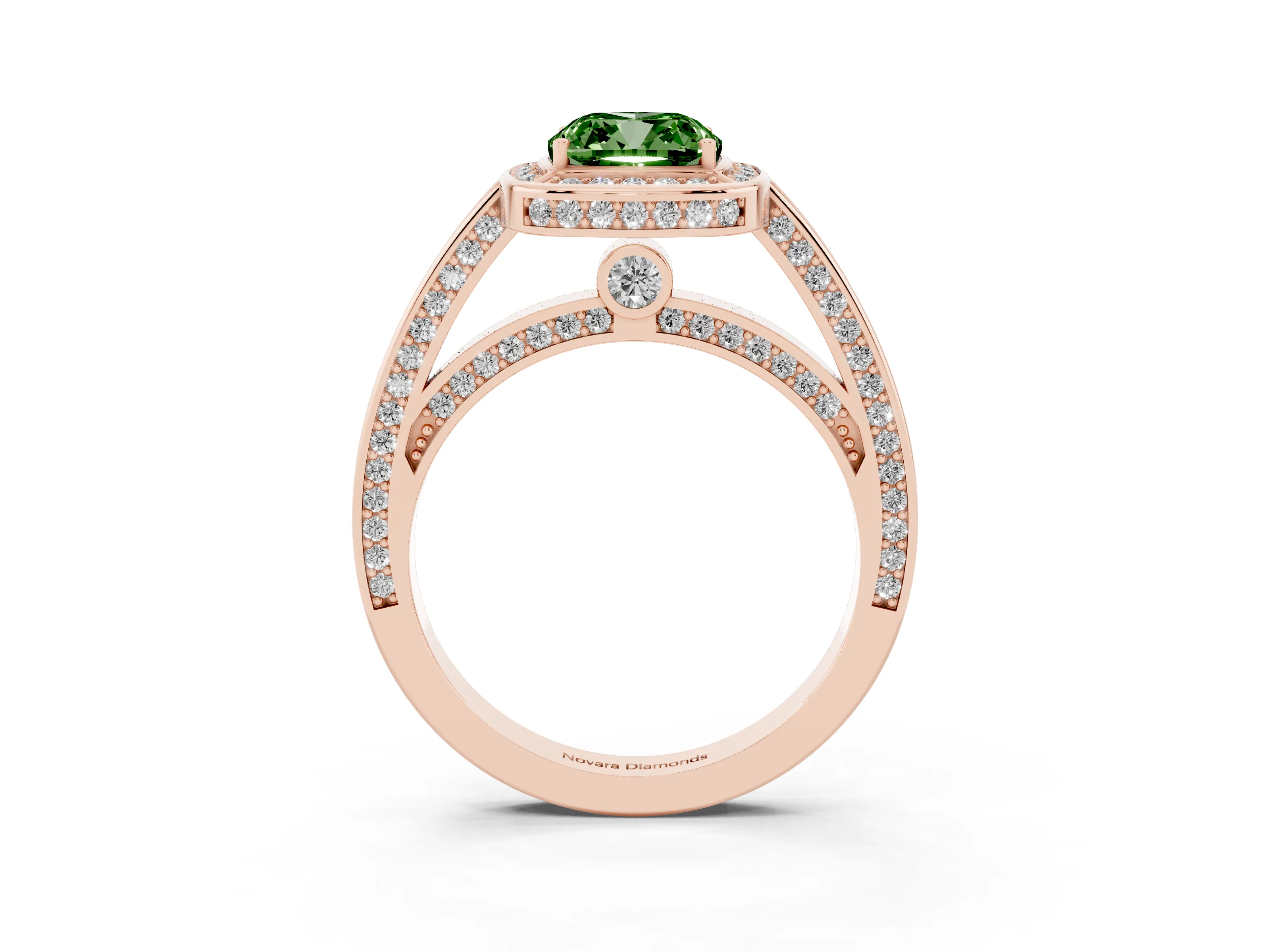 Fancy Green Cushion Cut Diamond Halo Pavé Split Shank Ring Set in Rose gold with Prong Setting