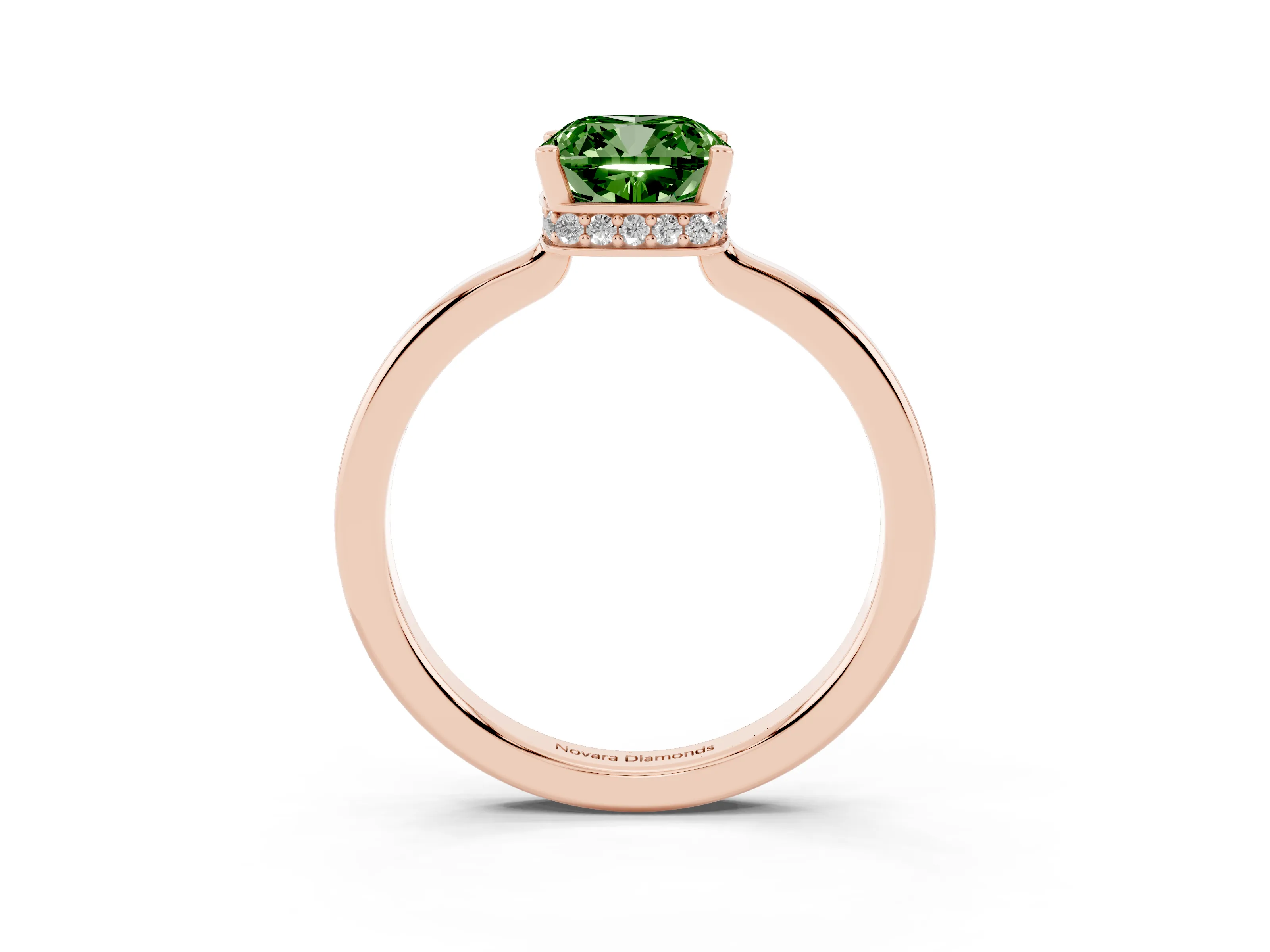 Fancy Green Cushion Cut Diamond Solitaire Engagement Ring Set in Rose gold with Prong Setting on a Plain Band