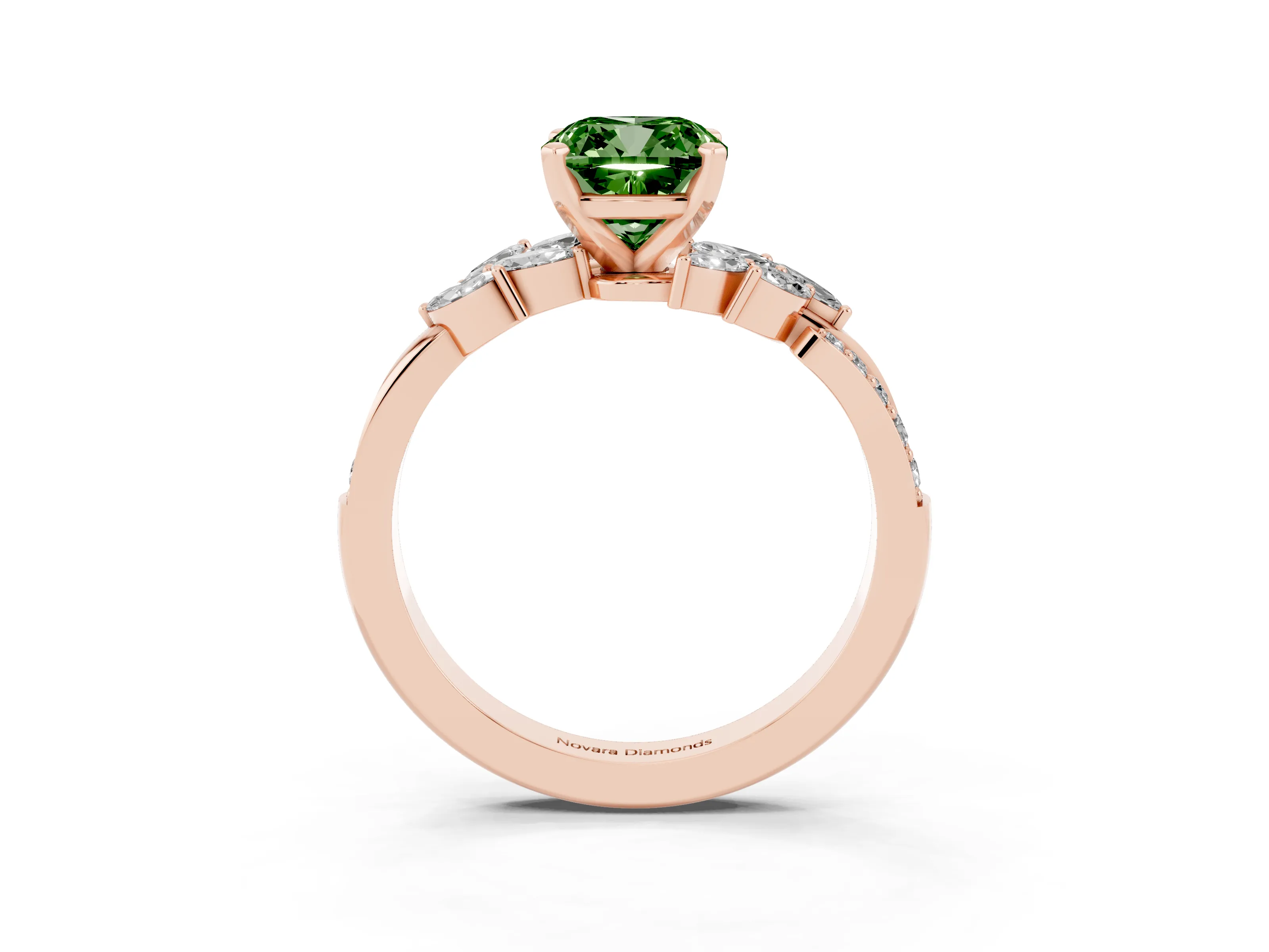 Fancy Green Cushion Cut Diamond Solitaire Ring Set in Rose gold with Marquise Twist Band and Prong Setting