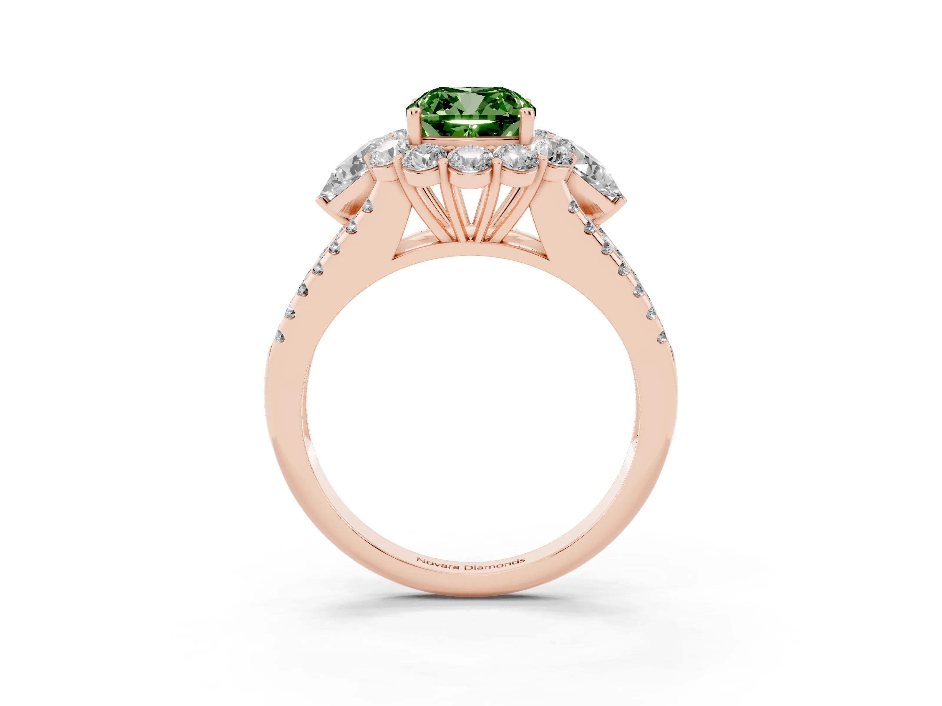 Fancy Green Cushion Cut Diamond Halo Split Shank Engagement Ring Set in Rose gold with Prong-Held Center Stone