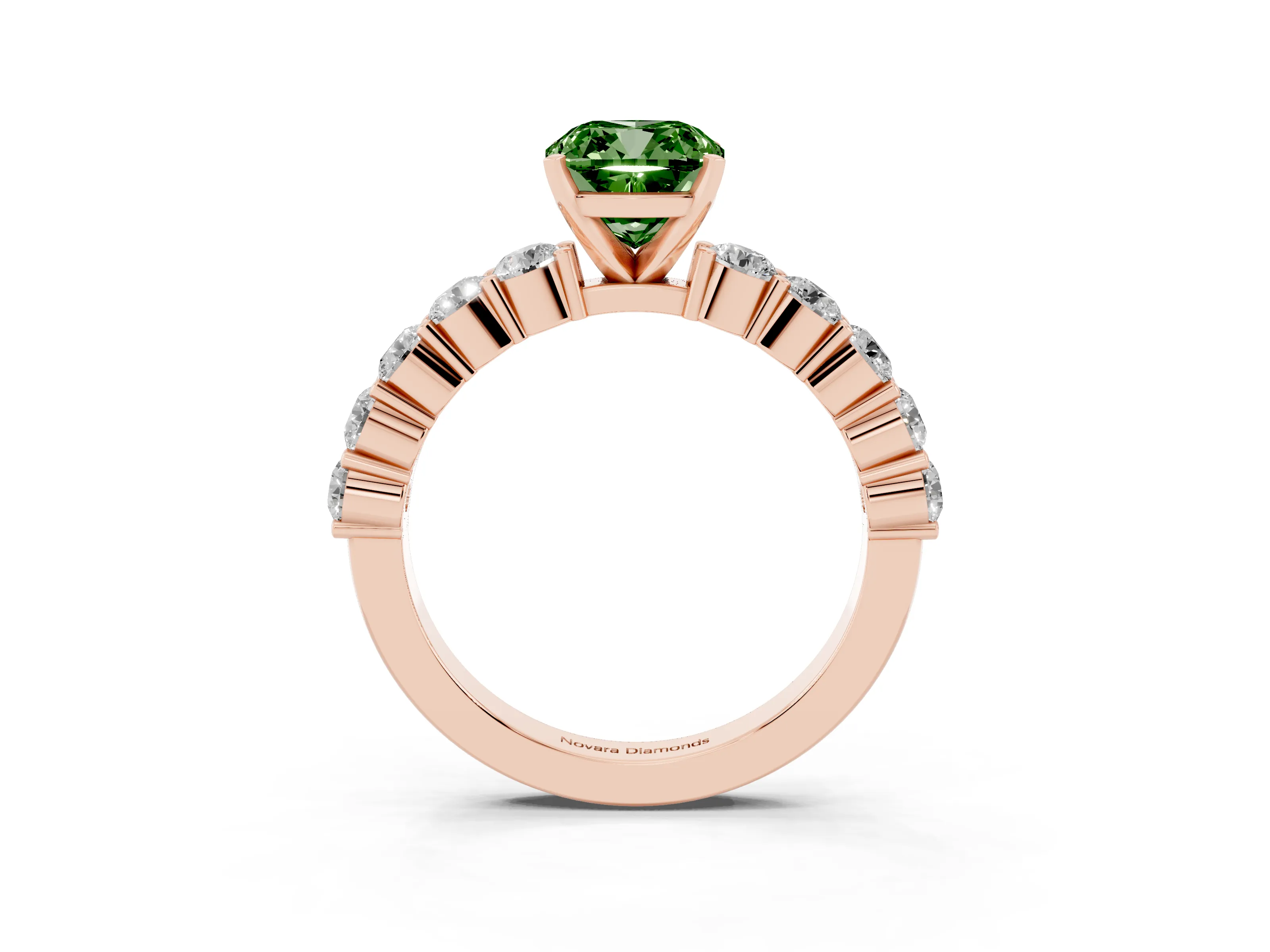 Fancy Green Cushion Cut Diamond Solitaire Ring Set in Rose gold with Shared Prong Round Side Stones