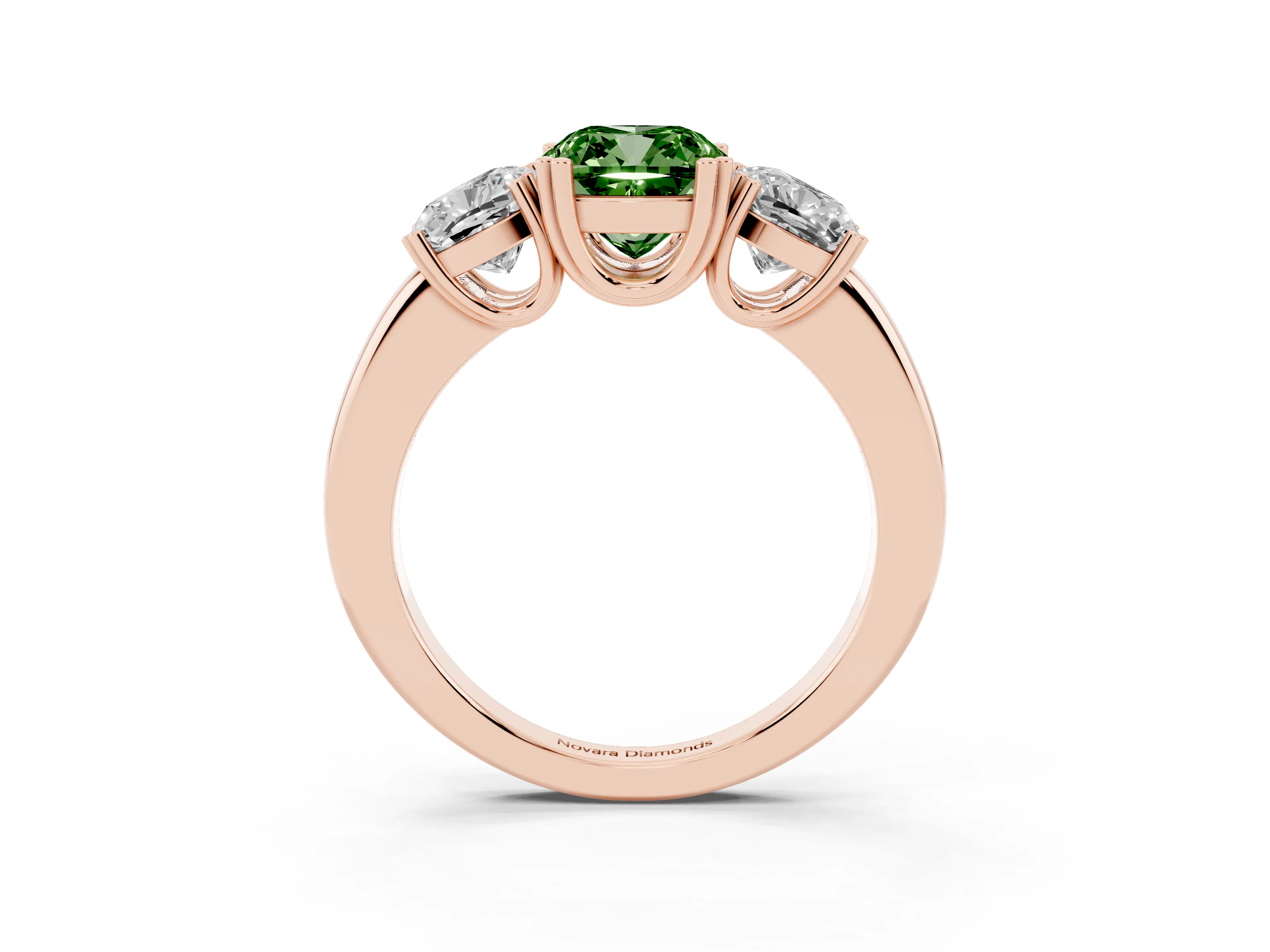 Fancy Green Cushion Cut Diamond Three-Stone Ring Set in Rose gold with Polished Band and Prong Setting