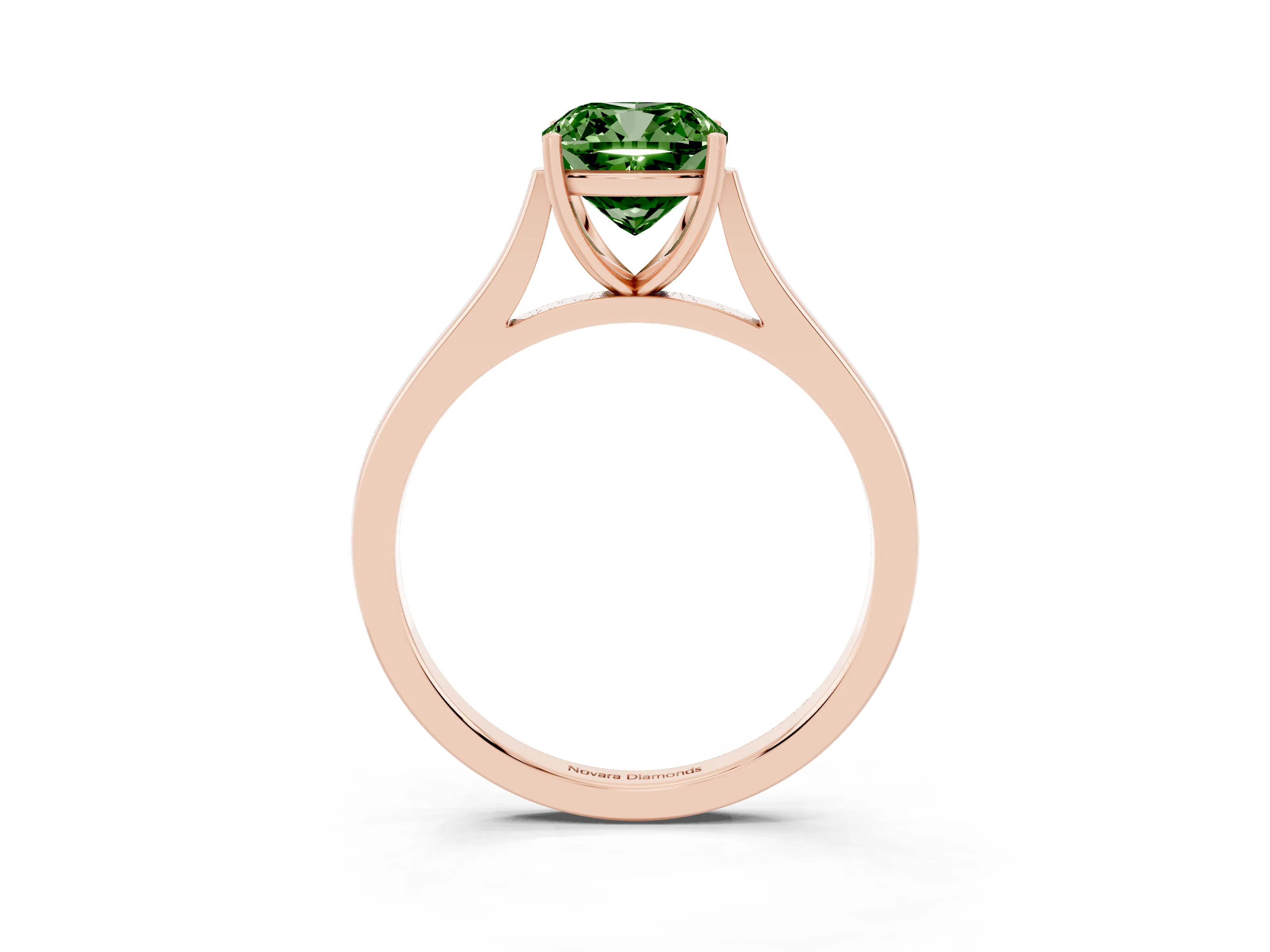 Fancy Green Cushion Cut Diamond Solitaire Heart Prong Engagement Ring Set in Rose gold with Tapered Band