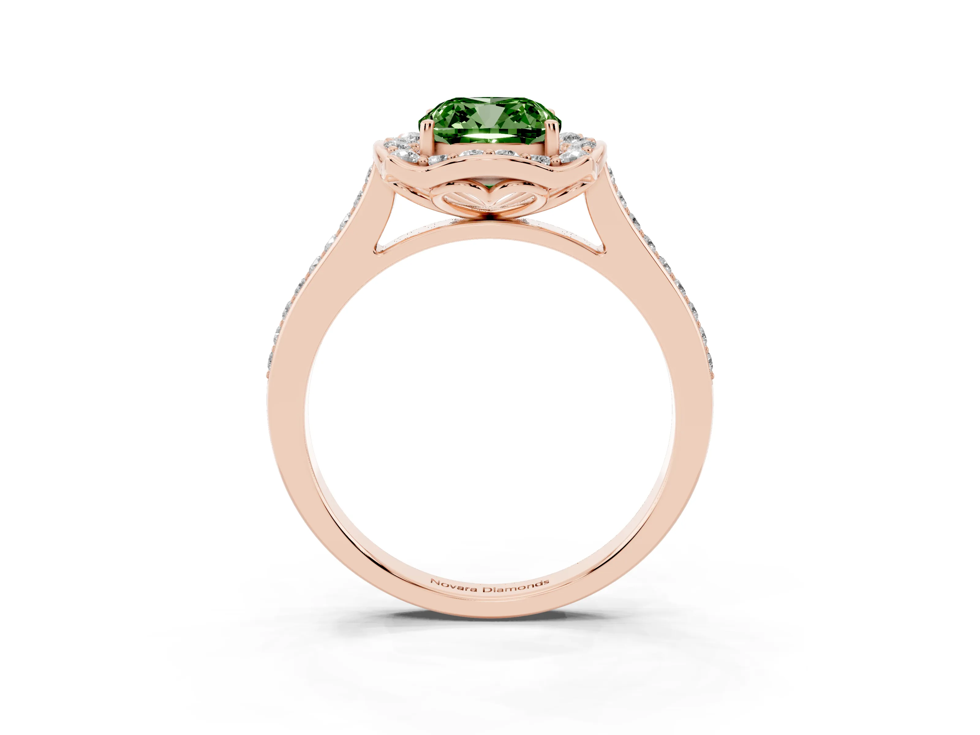 Fancy Green Cushion Cut Diamond Halo Ring Set in Rose gold with Pavé-Lined Shoulders and Prong Setting