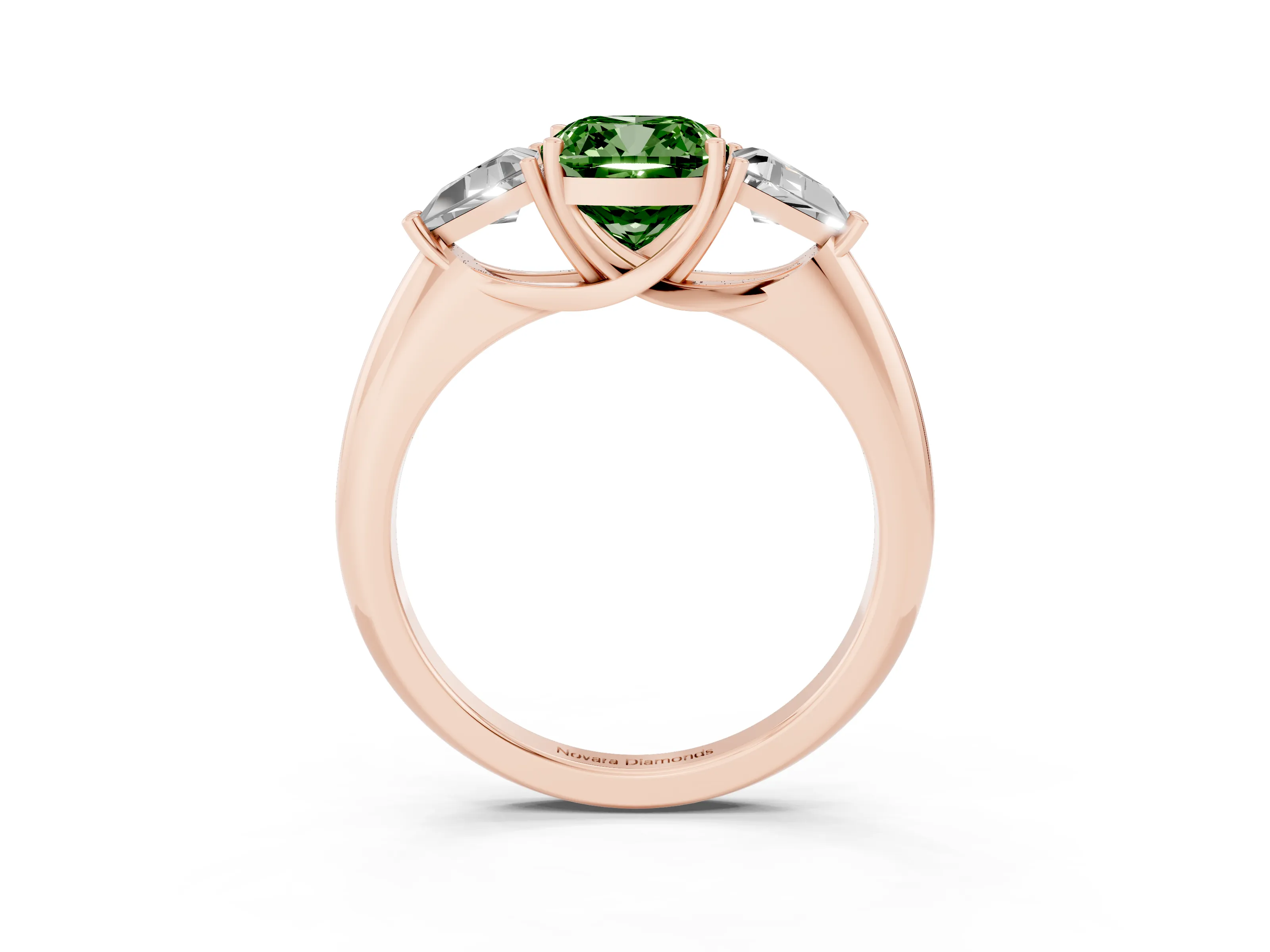 Fancy Green Cushion Cut Diamond Three-Stone Engagement Ring Set in Rose gold with Trillion Side Stones