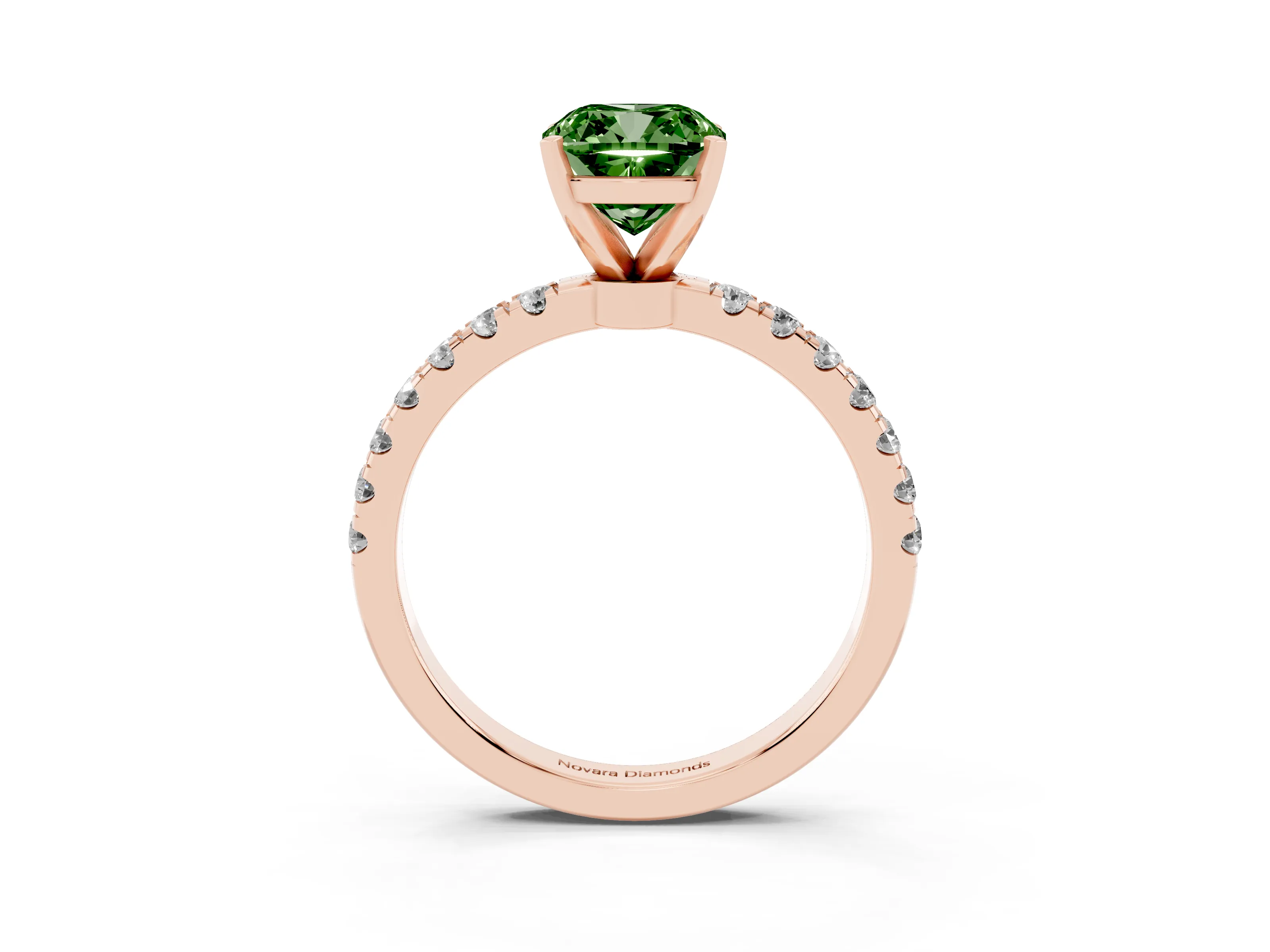 Fancy Green Cushion Cut Diamond Solitaire Ring Set in Rose gold with Pavé Accents and Prong Setting