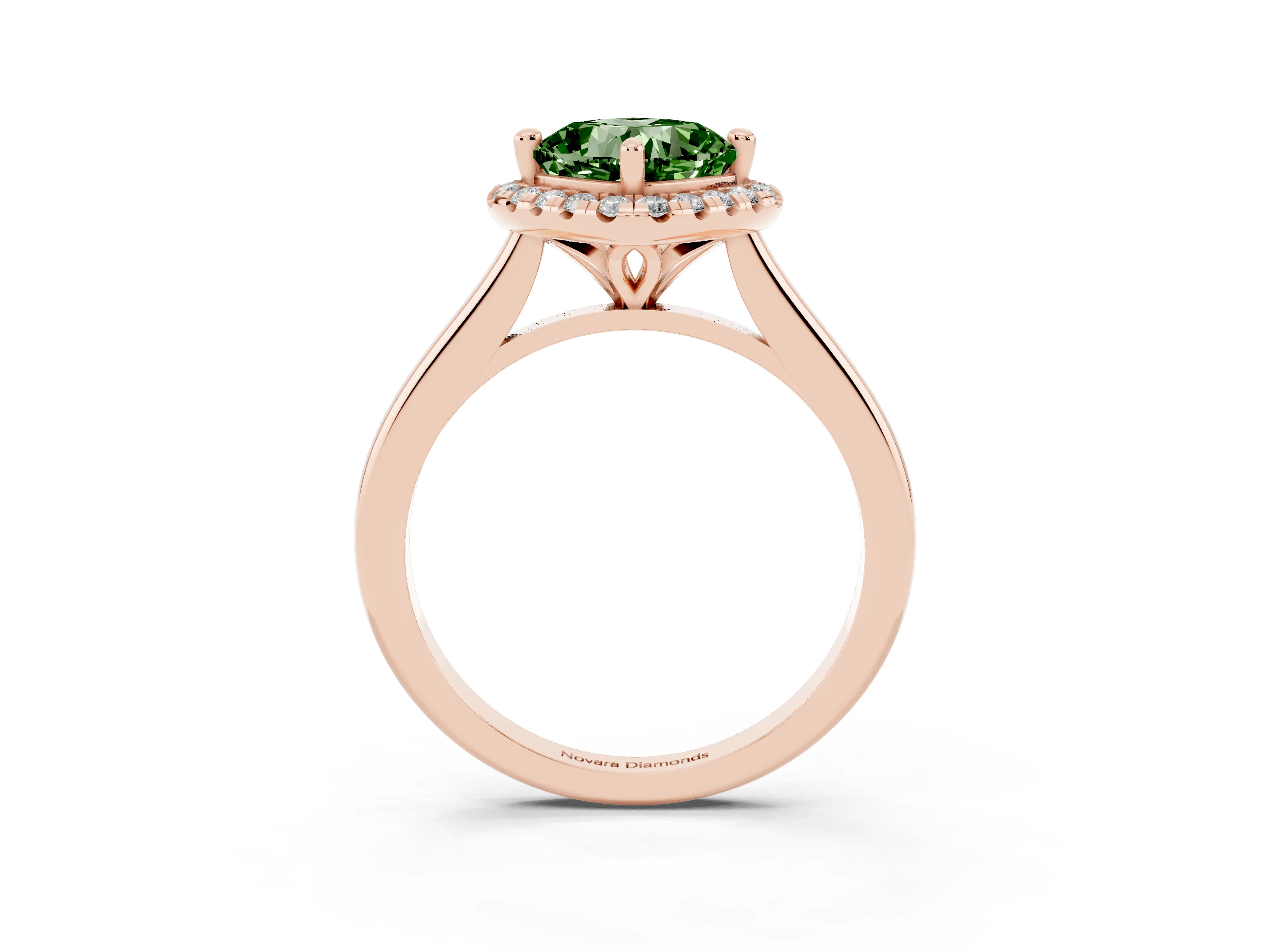 Fancy Green Cushion Cut Diamond Halo Engagement Ring Set in Rose gold with Pavé Band and Rising Shoulders