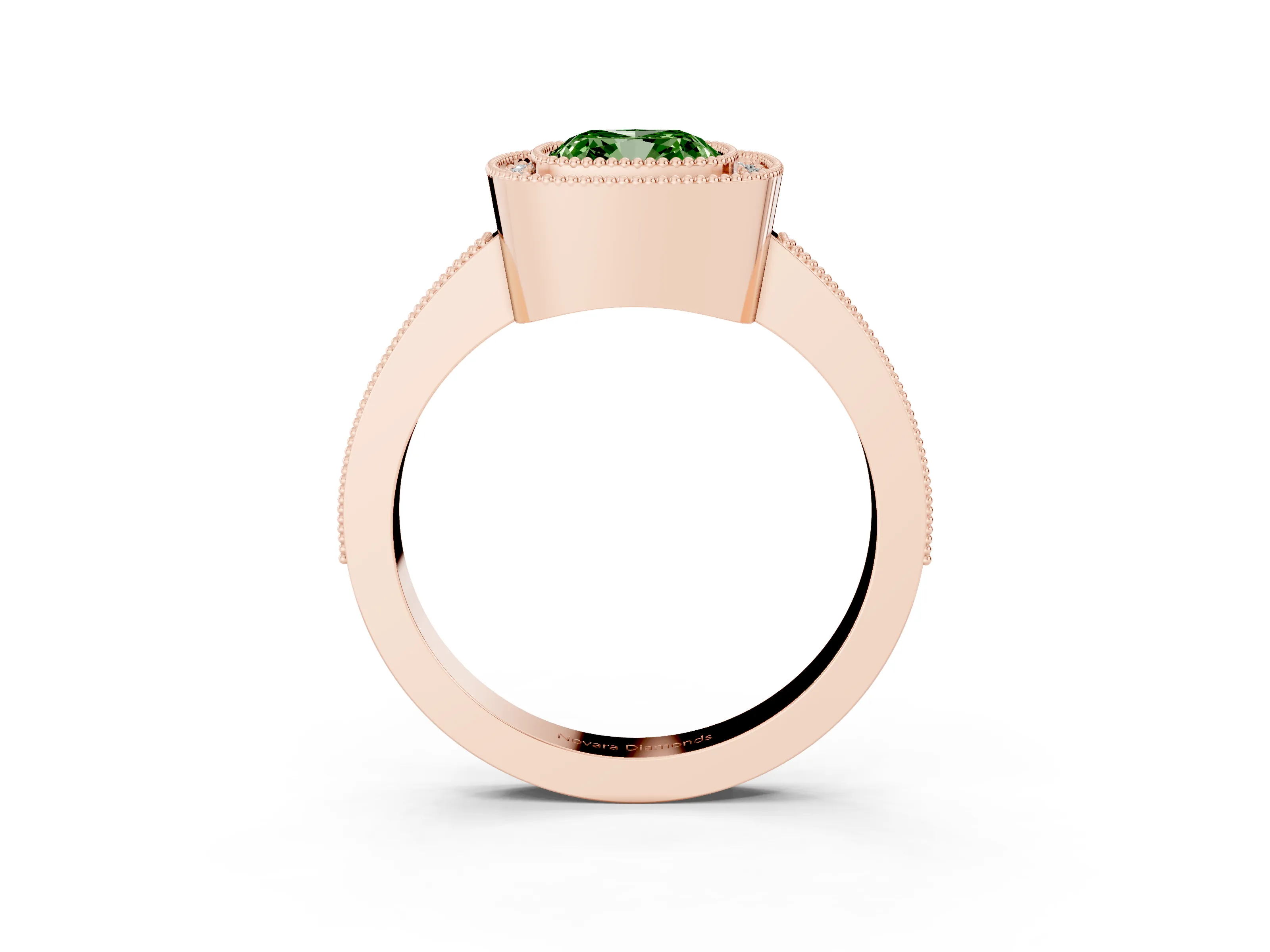 Fancy Green Cushion Cut Diamond Halo Engagement Ring Set in Rose gold with Pavé Band and Round Halo Stones