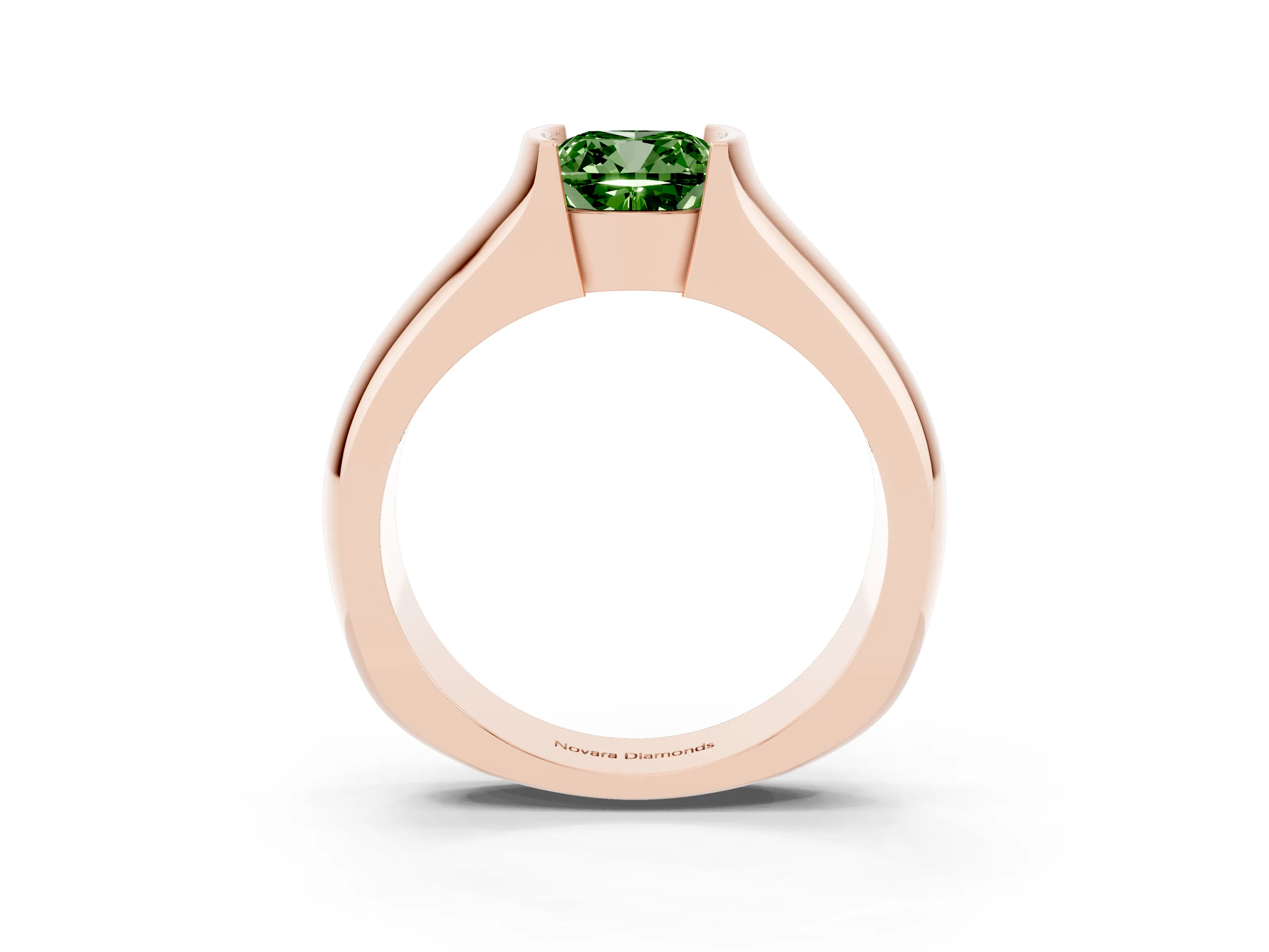 Fancy Green Cushion Cut Diamond Bezel Solitaire Ring Set in Rose gold with Wide Band