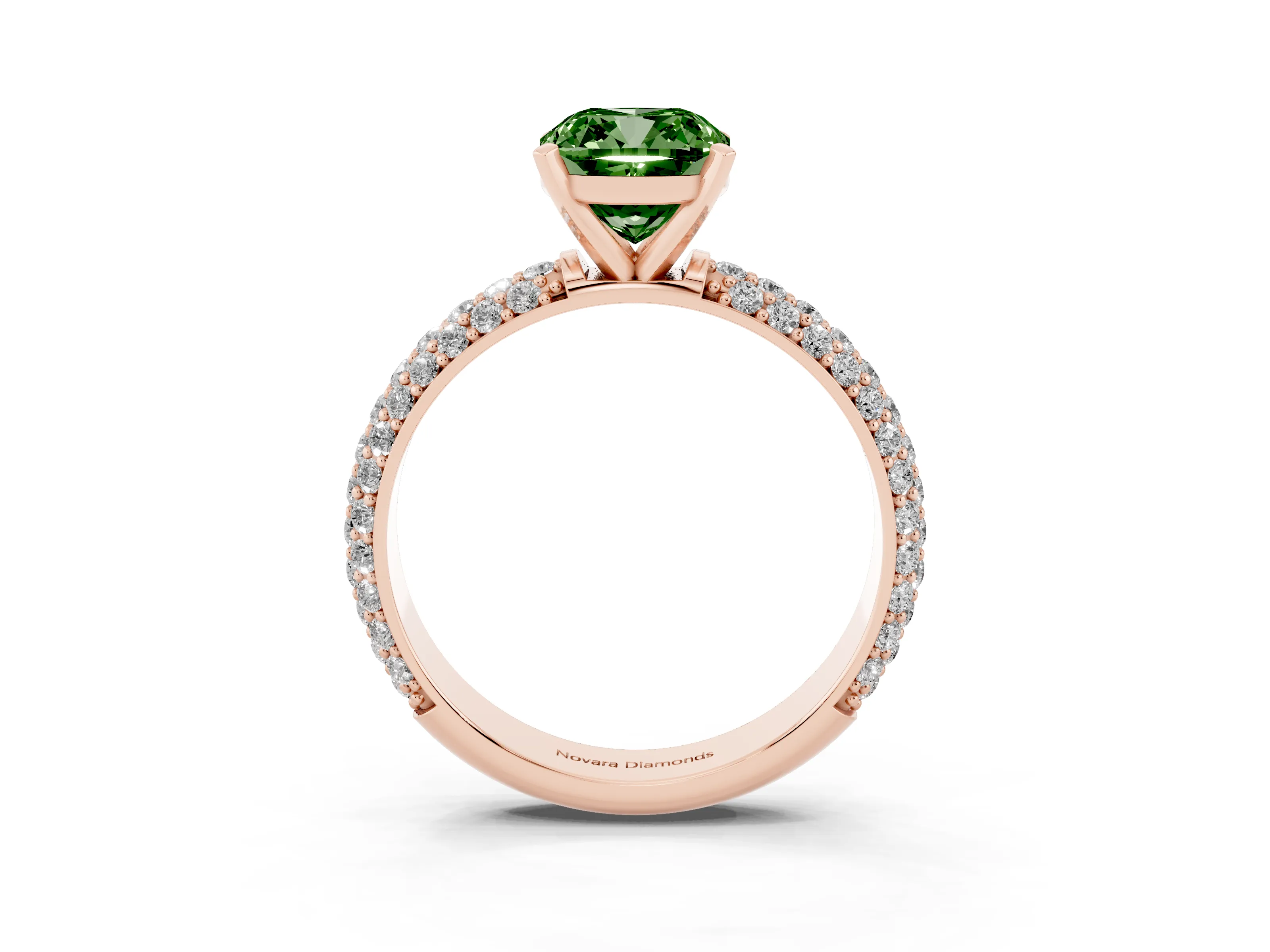 Fancy Green Cushion Cut Diamond Solitaire Ring Set in Rose gold with Prong Setting and Pavé-Set Band