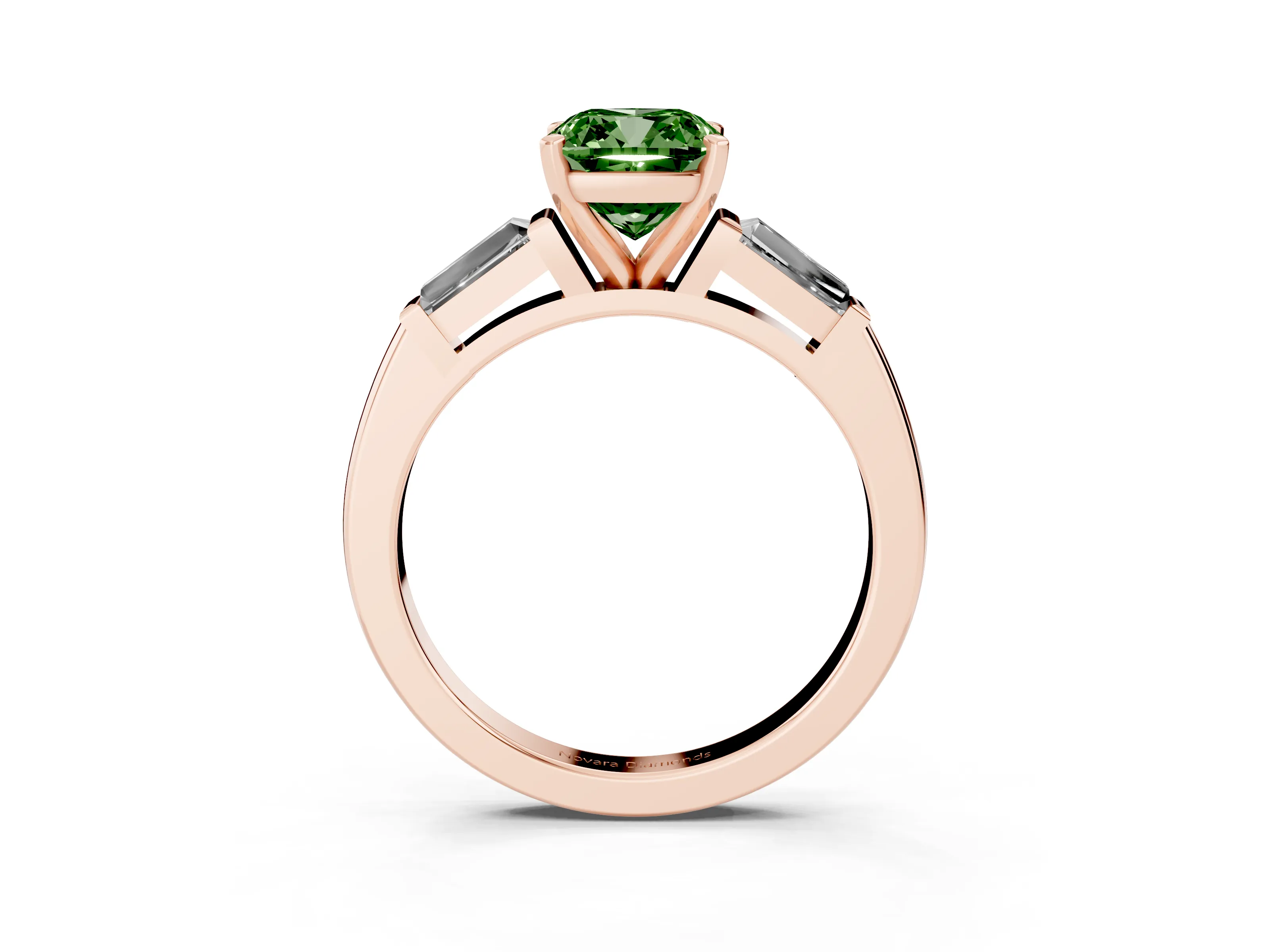 Fancy Green Cushion Cut Diamond Solitaire Ring Set in Rose gold with Tapered Baguette Side Stones and Prong Setting
