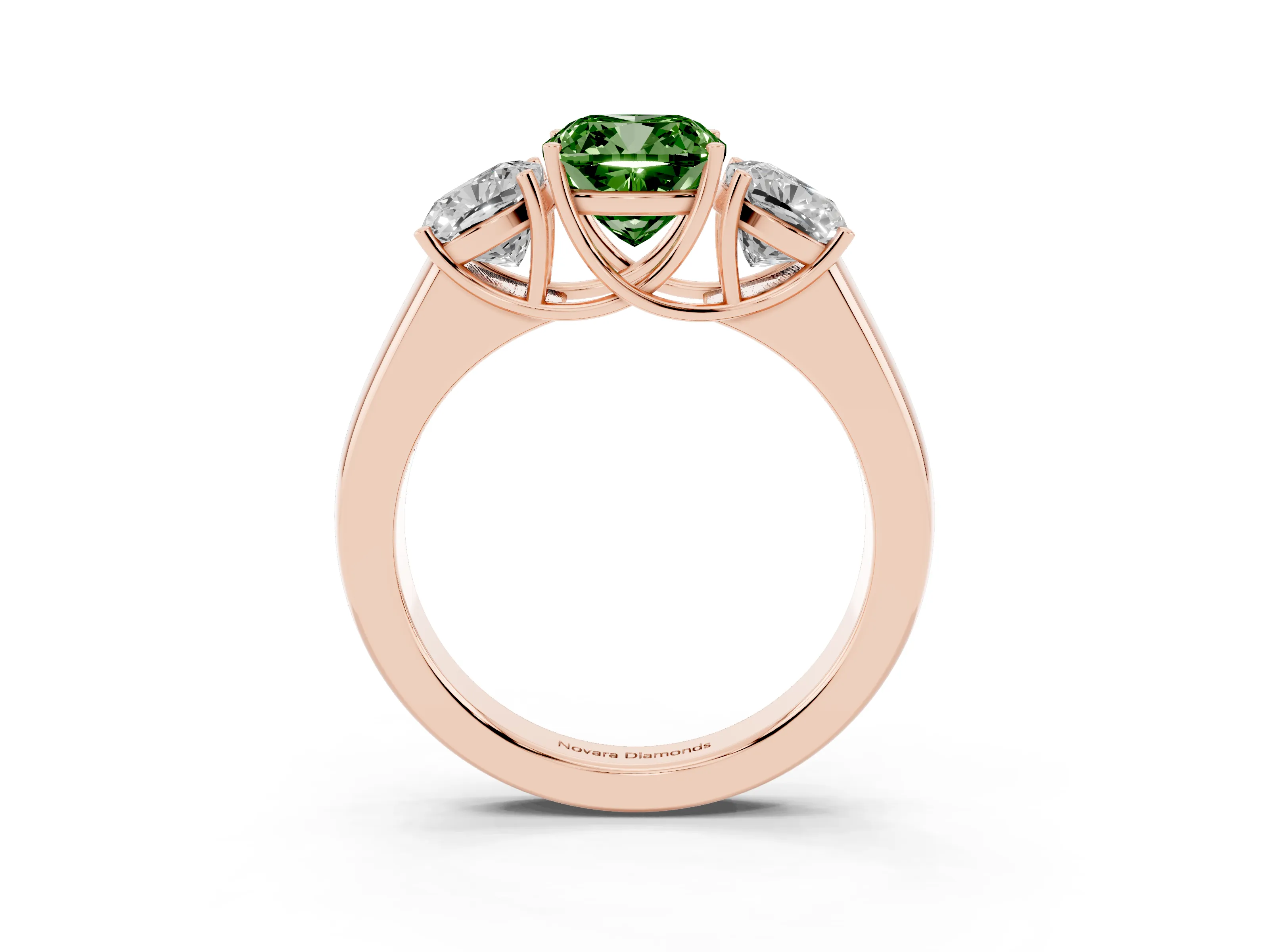 Fancy Green Three-Stone Cushion Cut Diamond Ring Set in Rose gold with Matching Prong Settings and Plain Band