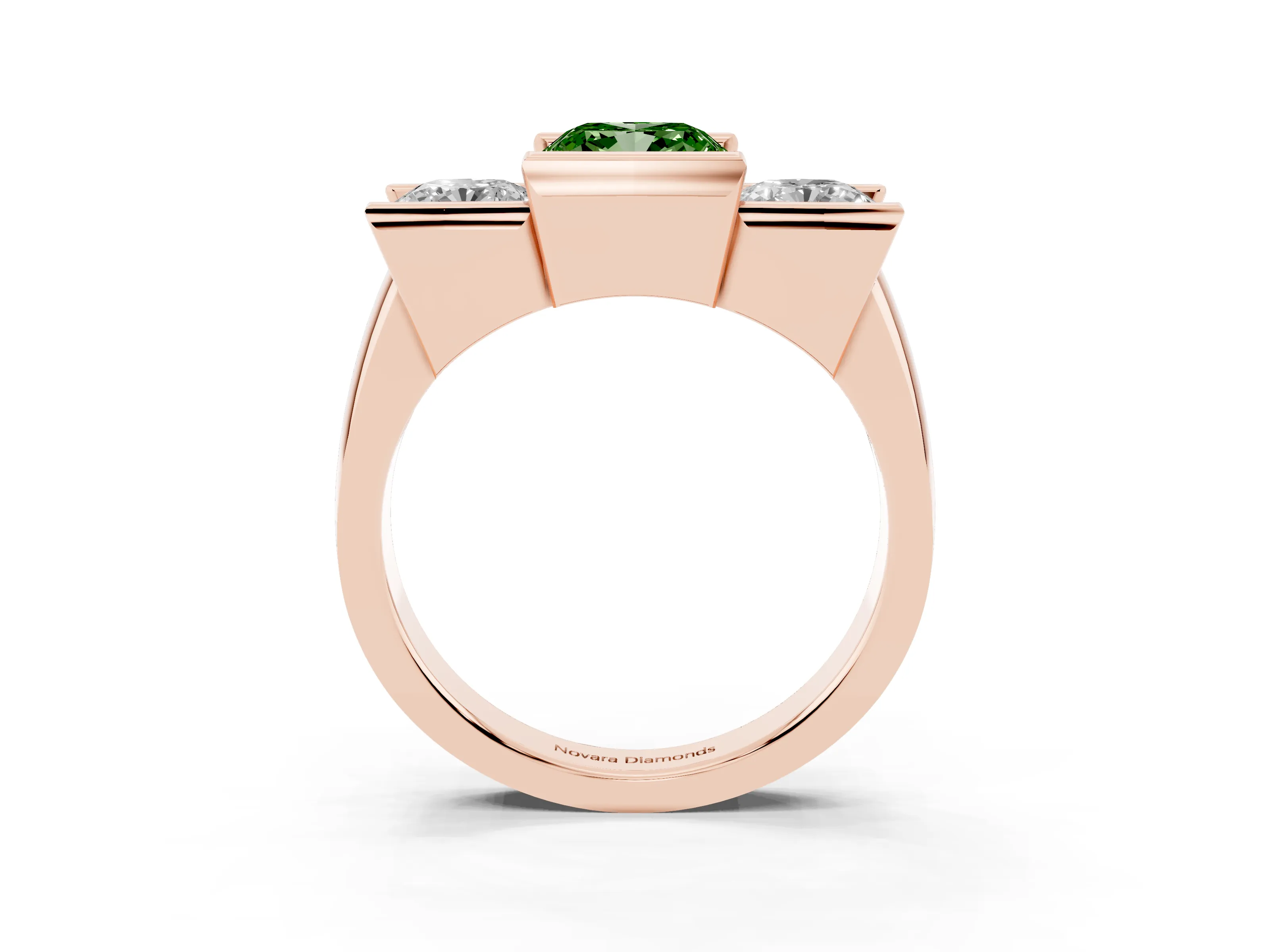 Fancy Green Cushion Cut Diamond Three-Stone Channel Set Ring Set in Rose gold with Smooth Polished Band