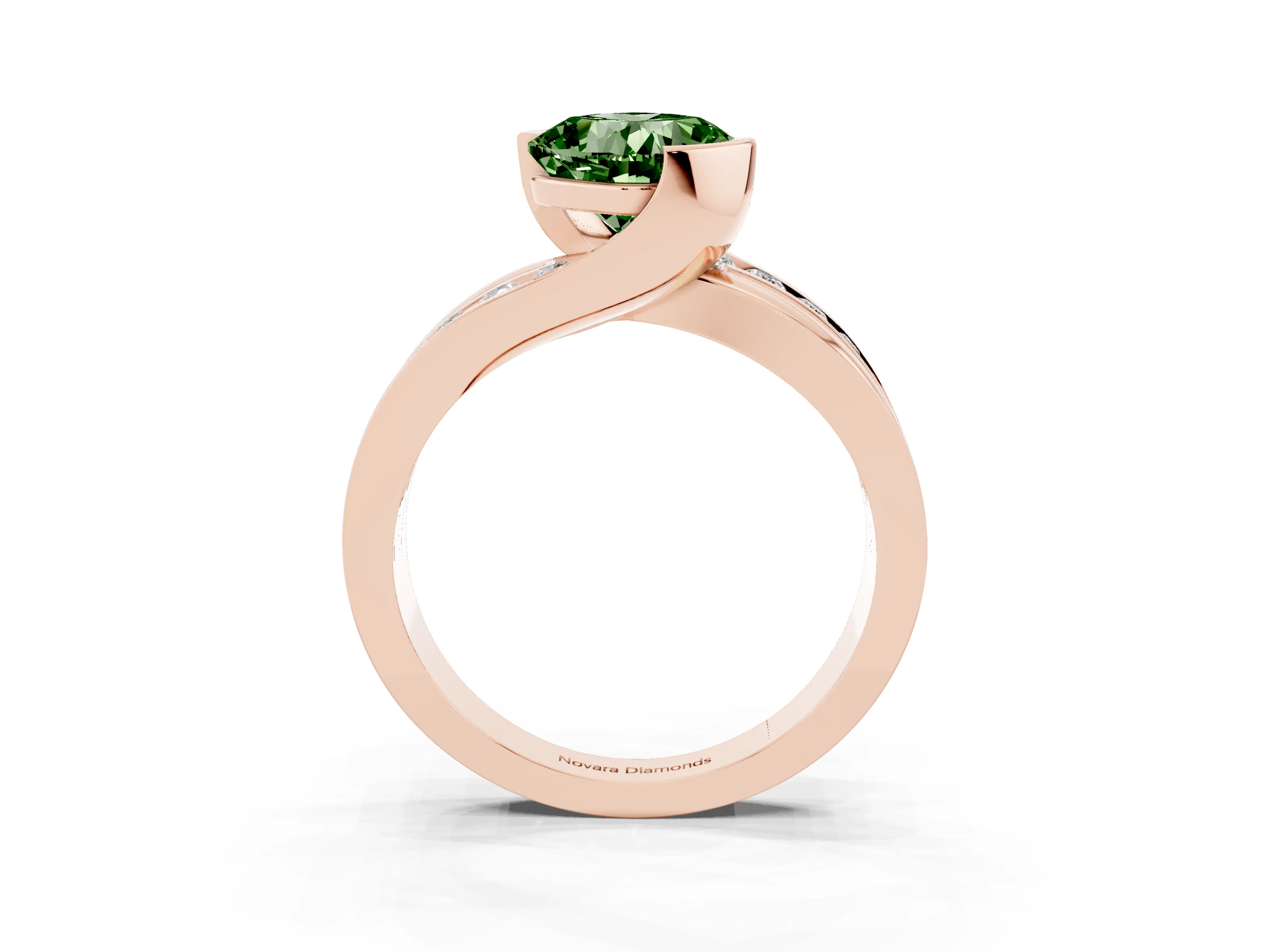 Fancy Green Cushion Cut Diamond Solitaire Ring Set in Rose gold with Channel Set Split Shank and Tension Prongs