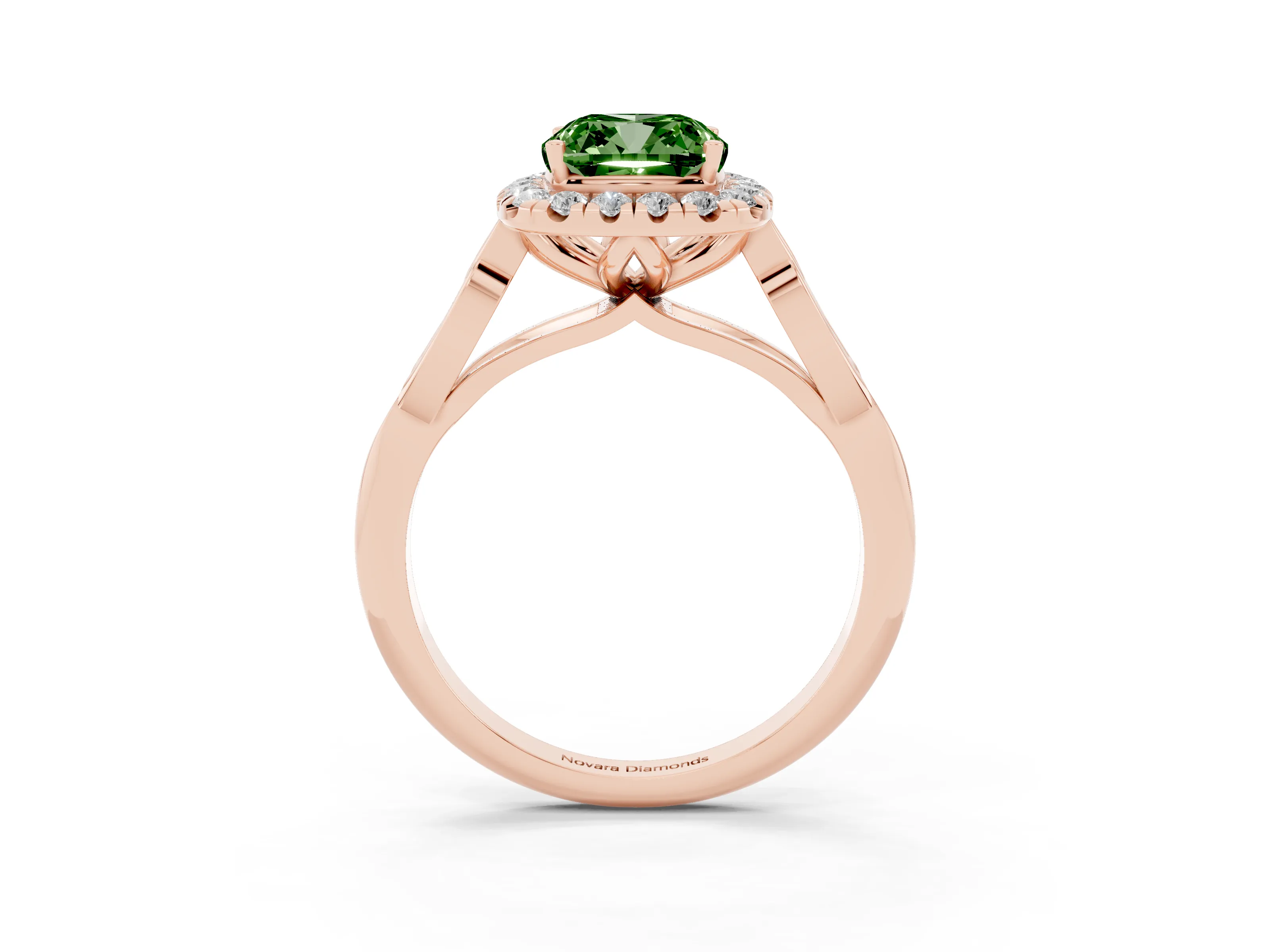 Fancy Green Cushion Cut Diamond Halo Engagement Ring Set in Rose gold with Filigree Band and Prong-Set Center