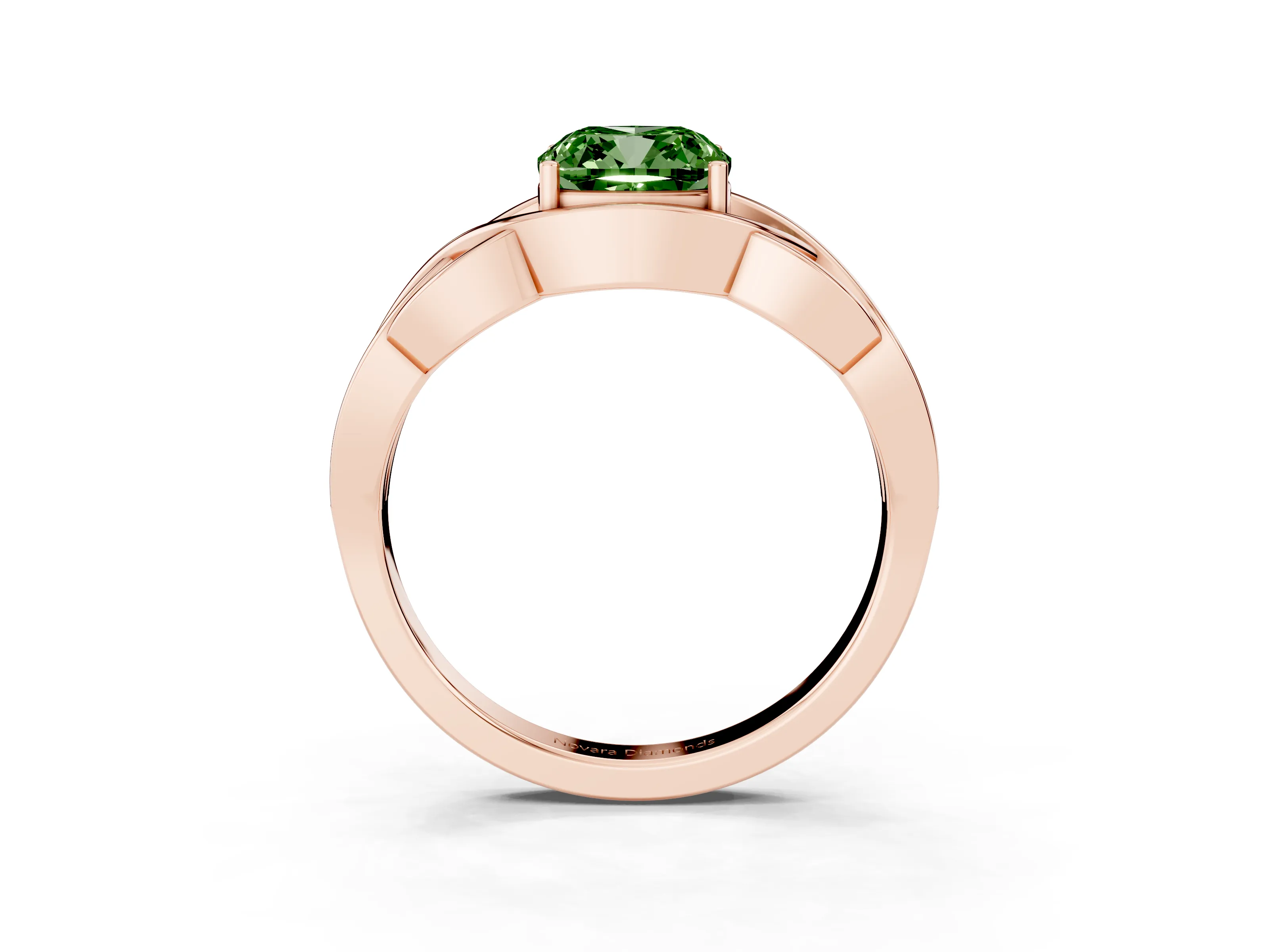 Fancy Green Cushion Cut Diamond Solitaire Ring Set in Rose gold with Intertwined Band