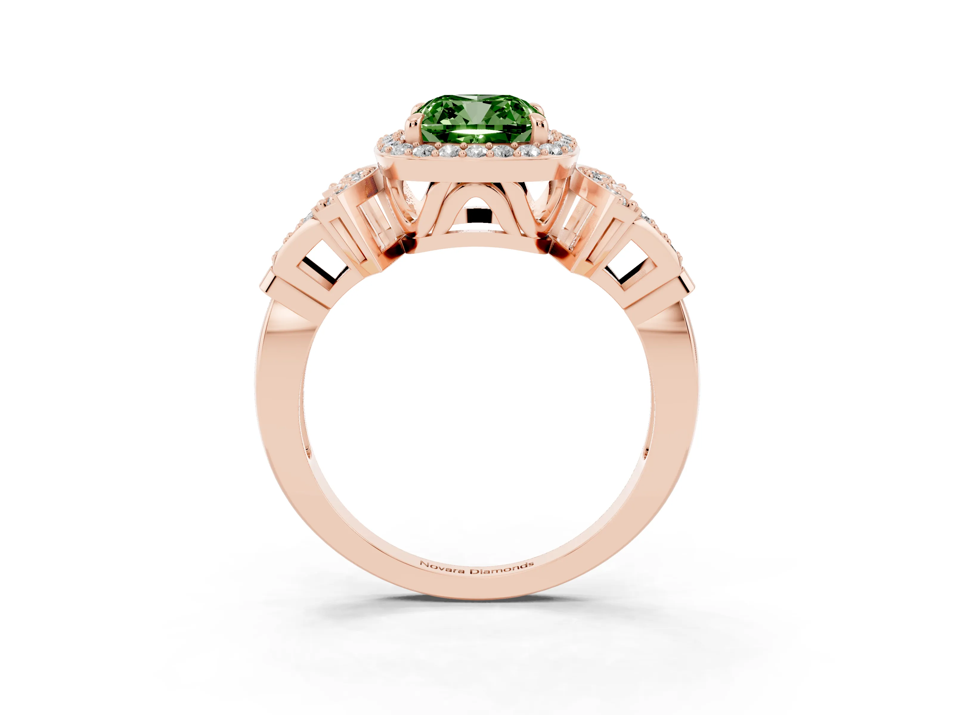 Fancy Green Cushion Cut Diamond Halo Engagement Ring Set in Rose gold with Accent Stone Split Shank
