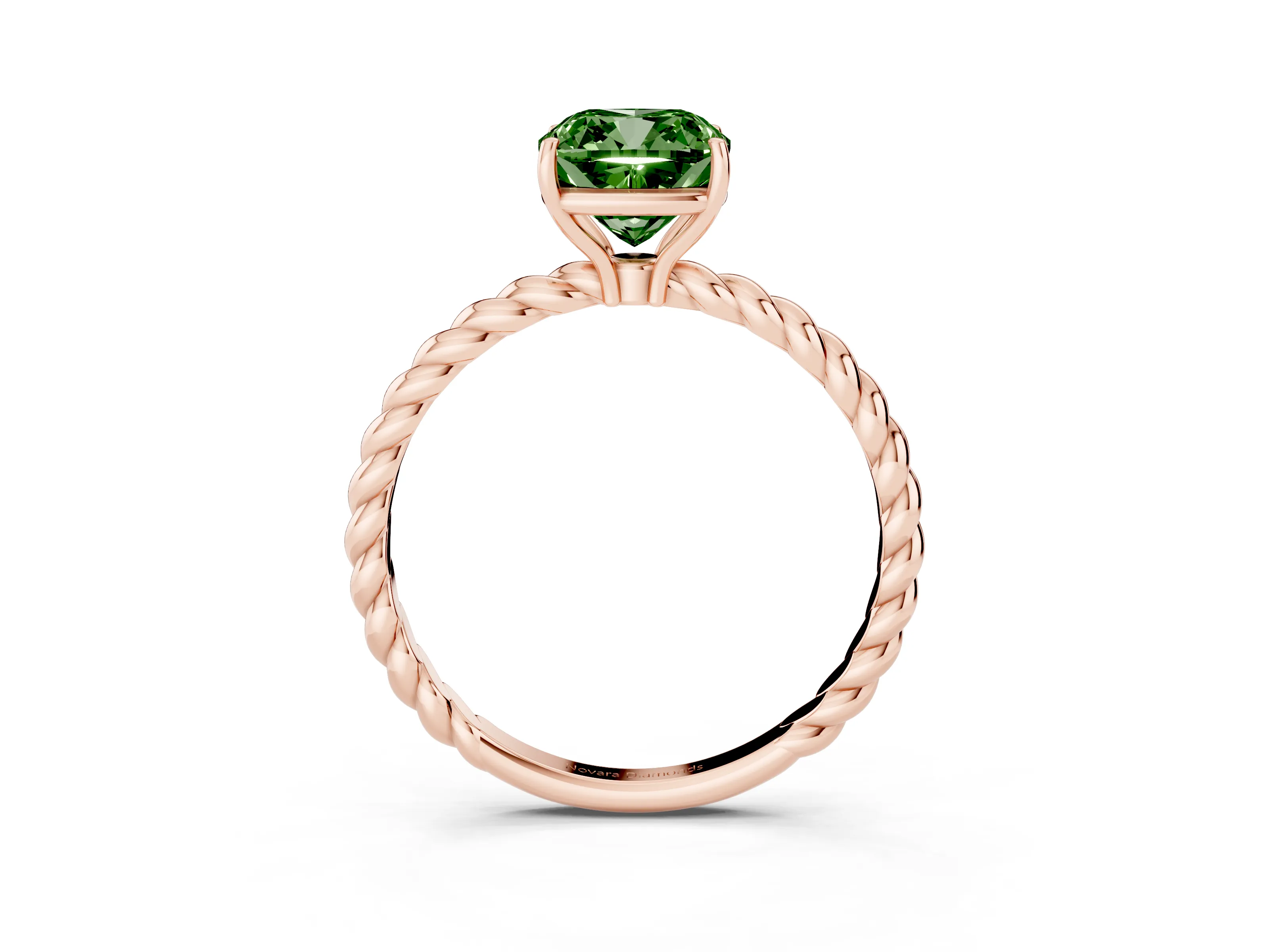 Fancy Green Cushion Cut Diamond Solitaire Ring Set in Rose gold with Twist Band and Prong Setting