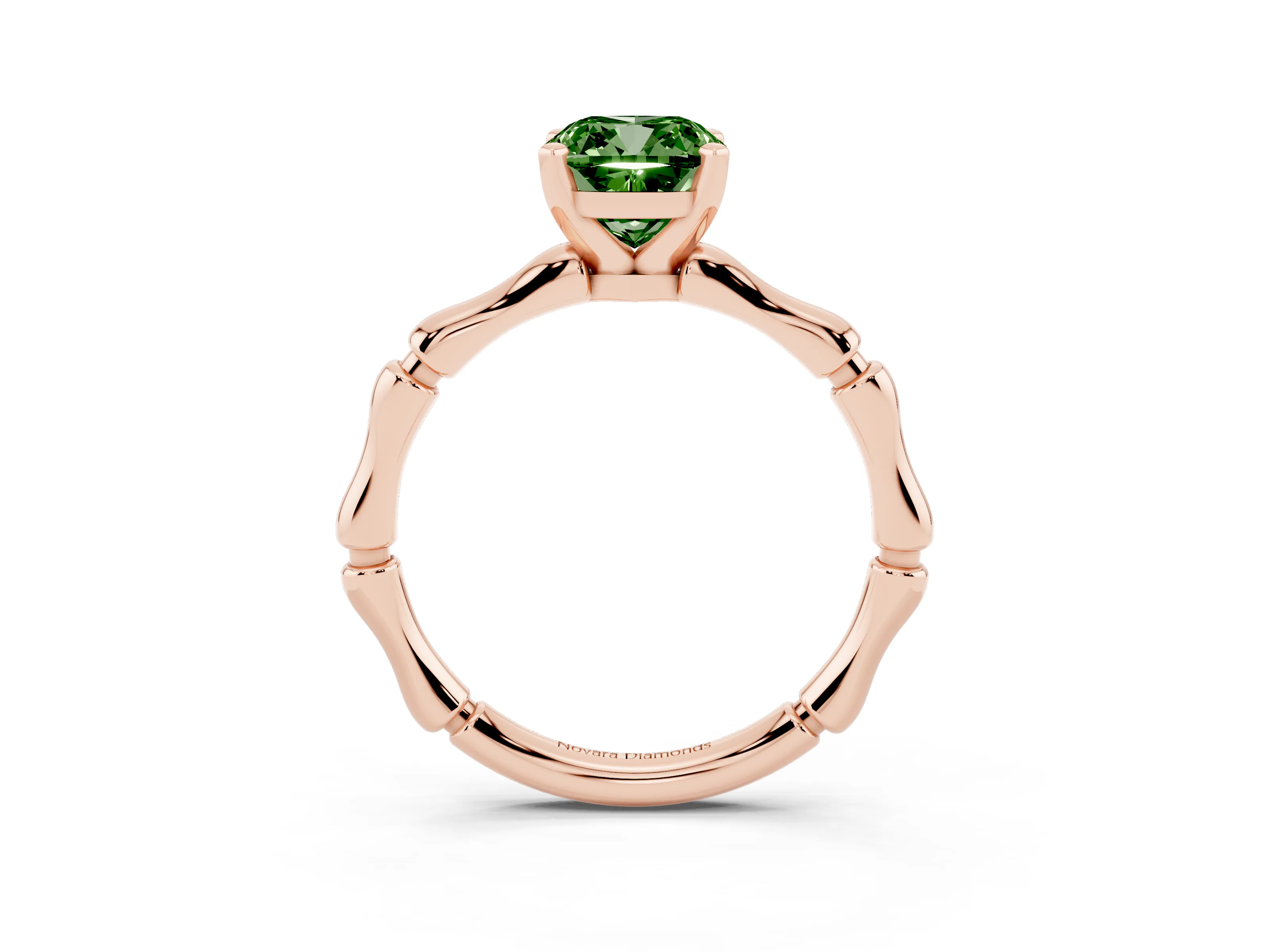 Fancy Green Cushion Cut Diamond Solitaire Ring Set in Rose gold with Bamboo Band and Prong Setting