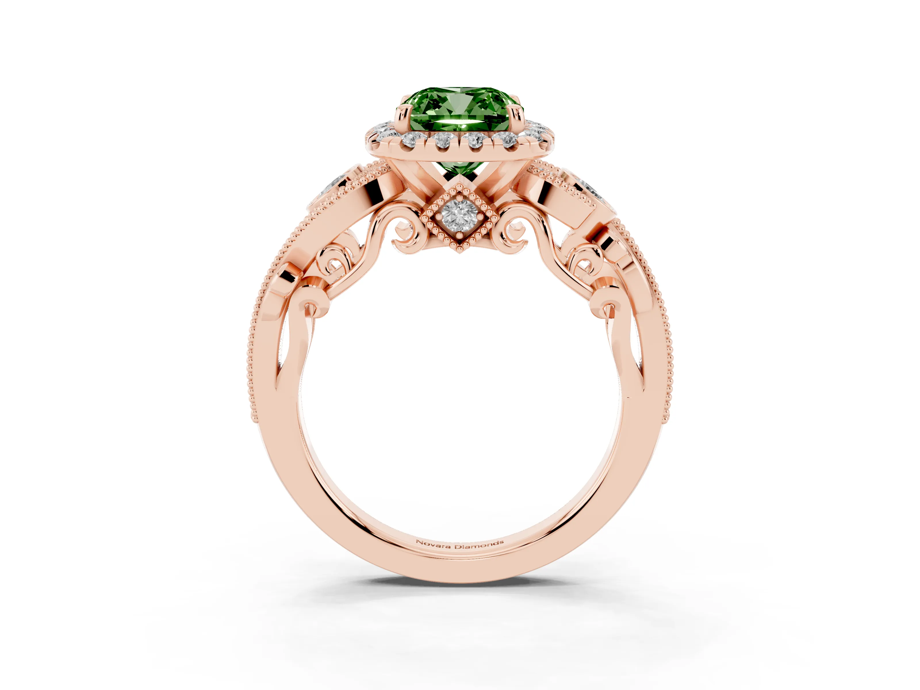 Fancy Green Cushion Cut Diamond Halo Ring Set in Rose gold with Milgrain Pavé Band and Prong Setting