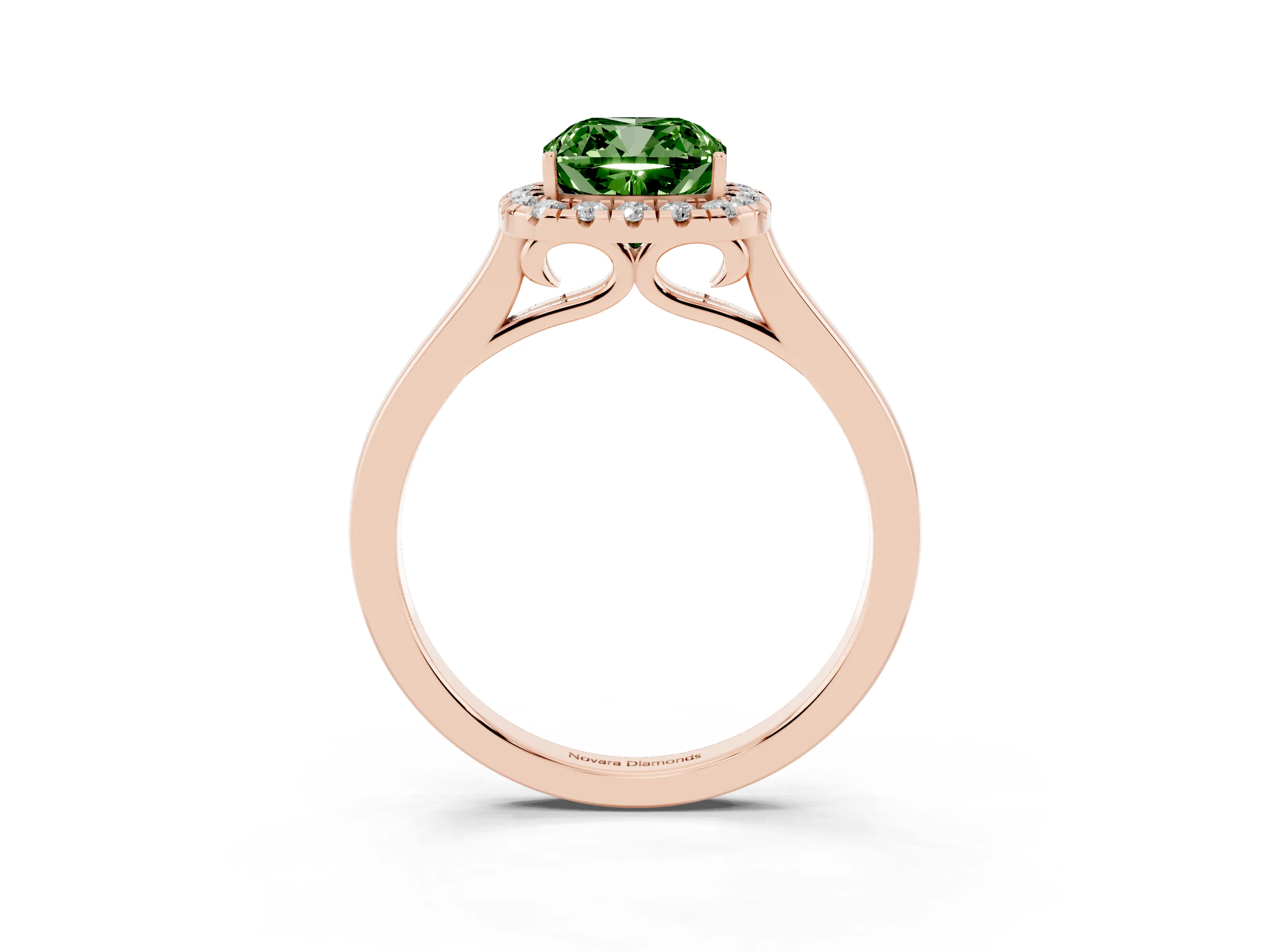 Fancy Green Cushion Cut Halo Round Diamond Solitaire Ring Set in Rose gold with Pavé Band and Prong Setting